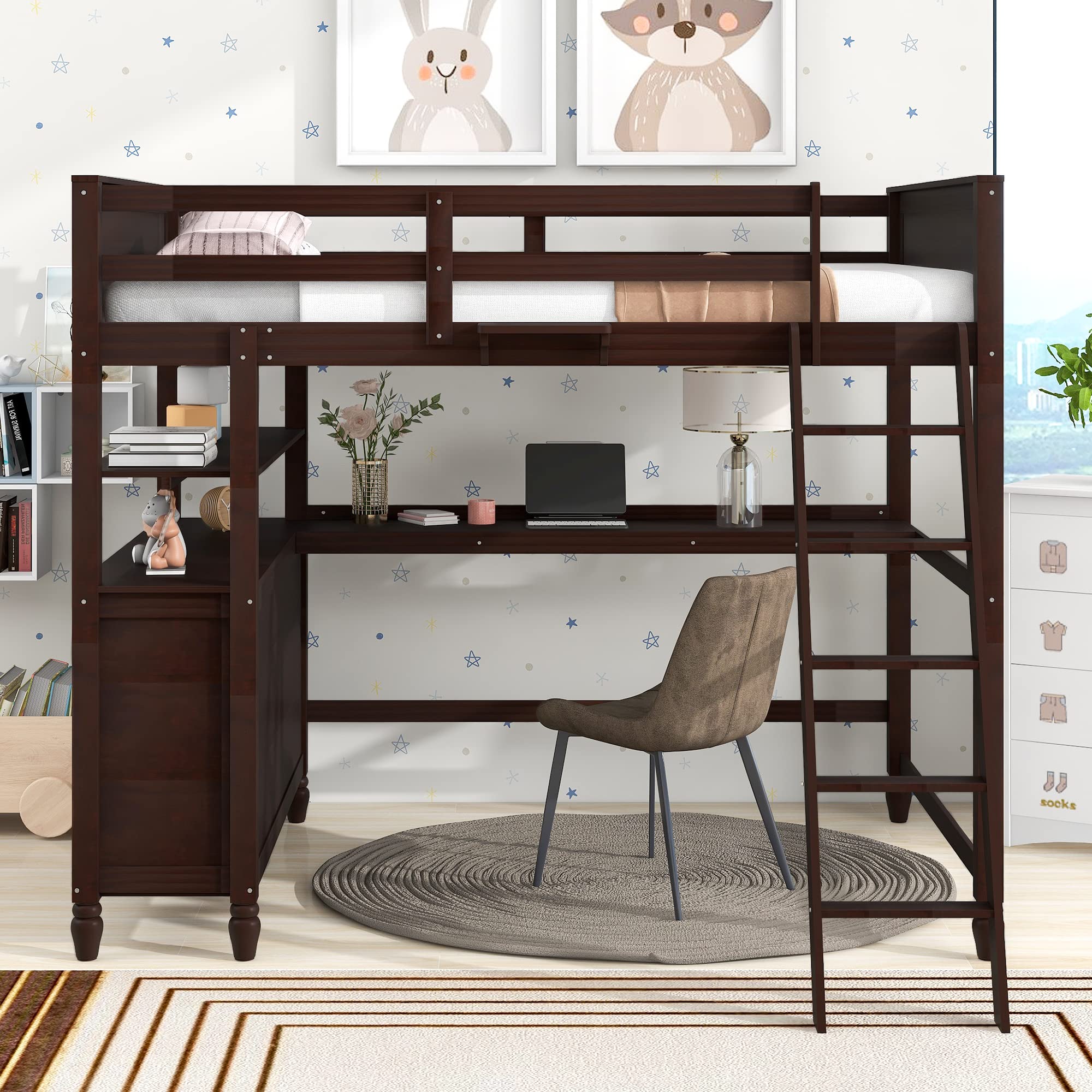 Full Size Loft Bed with Desk & Storage Drawers - Sturdy Wooden Loft Bed Frame with Ladder for Kids, Teens & Adults - Space-Saving Study & Sleep Solution for Small Rooms - Espresso Finish