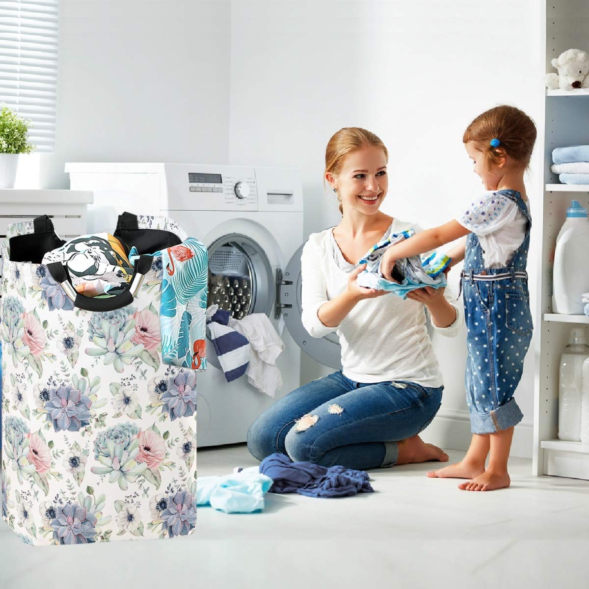 Visesunny Large Capacity Laundry Hamper Basket with Rose Succulent Print - Foldable Oxford Cloth Storage Organizer for Bedroom, Bathroom, Dorm & Kids Room - Perfect for Clothes, Toys and Home Organization