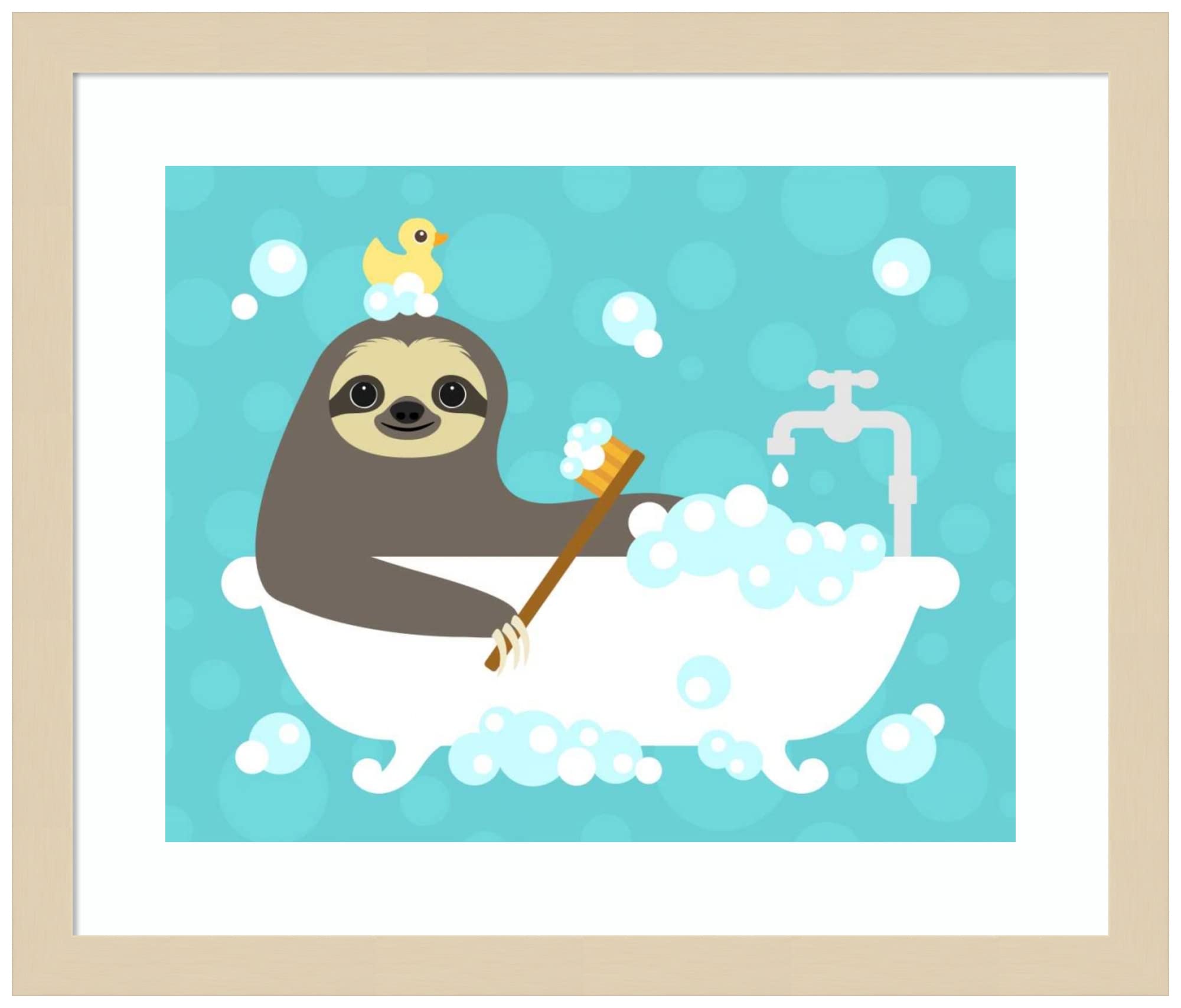 Amanti Art Scrubbing Bubbles Sloth by Nancy Lee - Framed Wall Art Print 17x15 Inches, Svelte Natural Frame - Perfect for Bathroom Decor, Kids Room & Whimsical Home Decor
