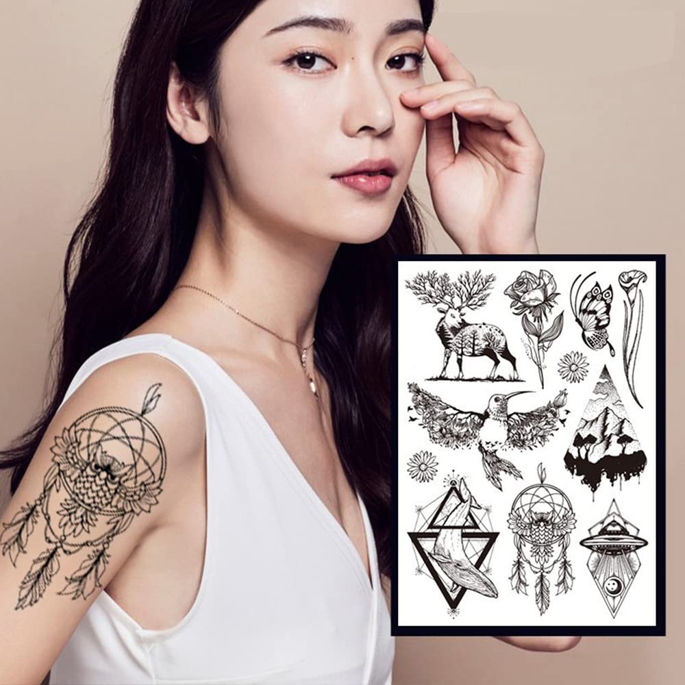 UV Neon Temporary Tattoos for Men & Women - Waterproof Fake Tattoo Stickers (21x15cm) | Armband, Butterfly, Animal & Dreamcatcher Designs for Parties, Festivals & Body Art