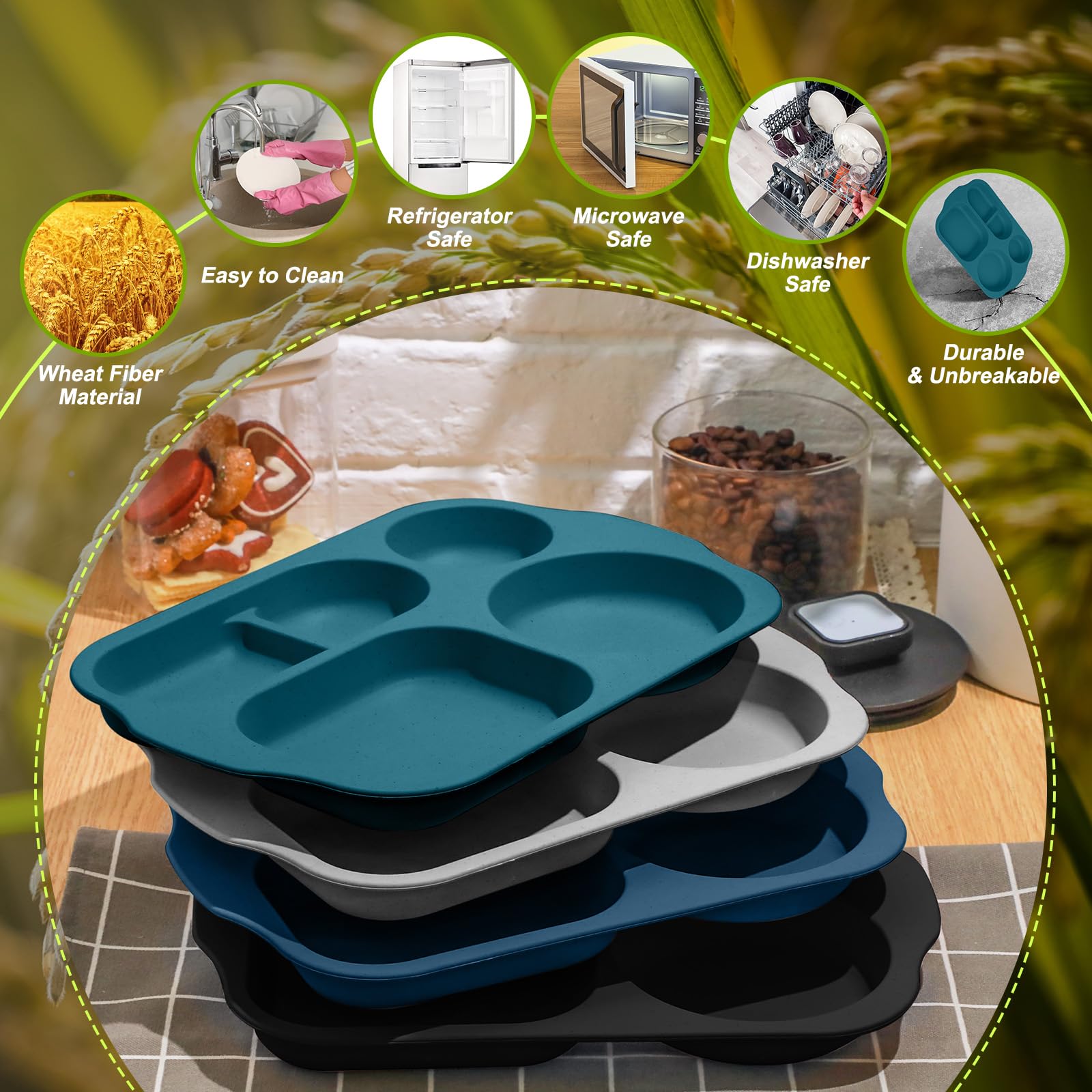 **Tanlade 8-Piece Unbreakable 12-Inch Divided Plates – 5-Compartment Wheat Straw Lunch Trays for Adults & Toddlers | Microwave & Dishwasher Safe | Retro Colors | Perfect for School, Picnics & Parties**