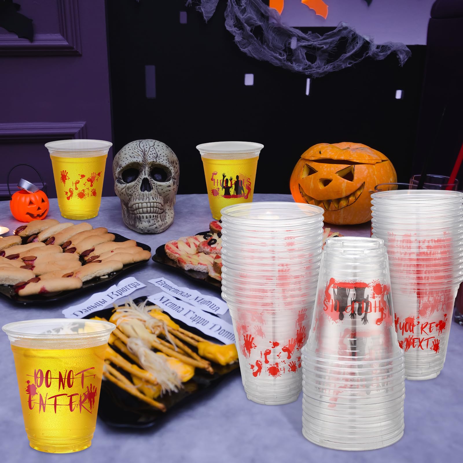 **Dandat 100 Pcs Halloween Plastic Cups Bulk - 12 oz Clear Disposable Party Cups for Coffee, Juice & Beverages - Pumpkin, Witch & Ghost Blood Print - Perfect for Halloween Parties, Trick or Treat, and Spooky Decorations**