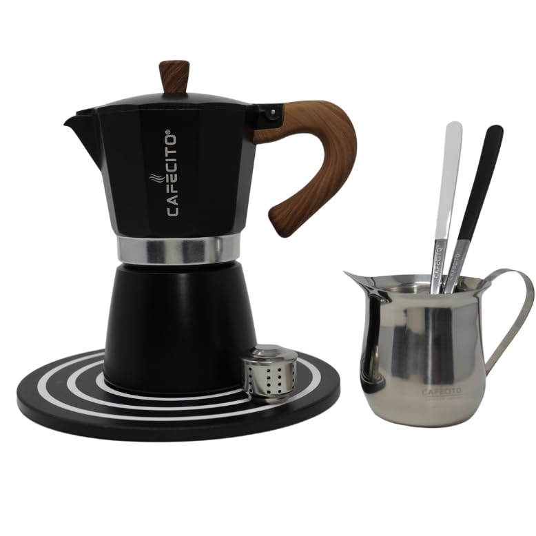 Premium Cuban Coffee Starter Kit - 6 Cup Moka Pot Stovetop Espresso Maker Set with Anti-Splash Valve | Cafetera Cubana & Ceramic Sandstone Finish | Matte Black | Perfect for Home Brewing, Camping & Gifts
