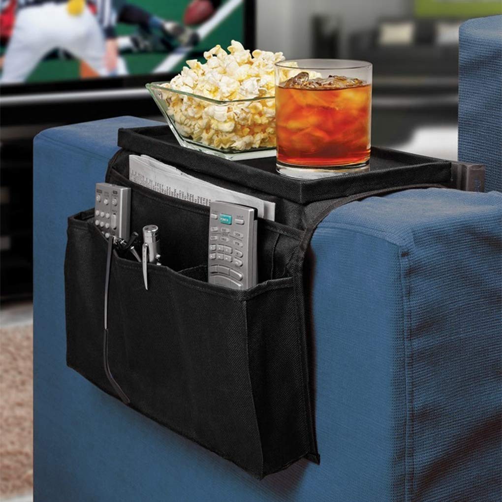 5-Pocket TV Remote Control Holder & Armrest Organizer - Couch Sofa Tray with Oxford Fabric for Drinks, Magazines, Books, Snacks & Phone - Perfect for Living Room, Bedroom & Office Use