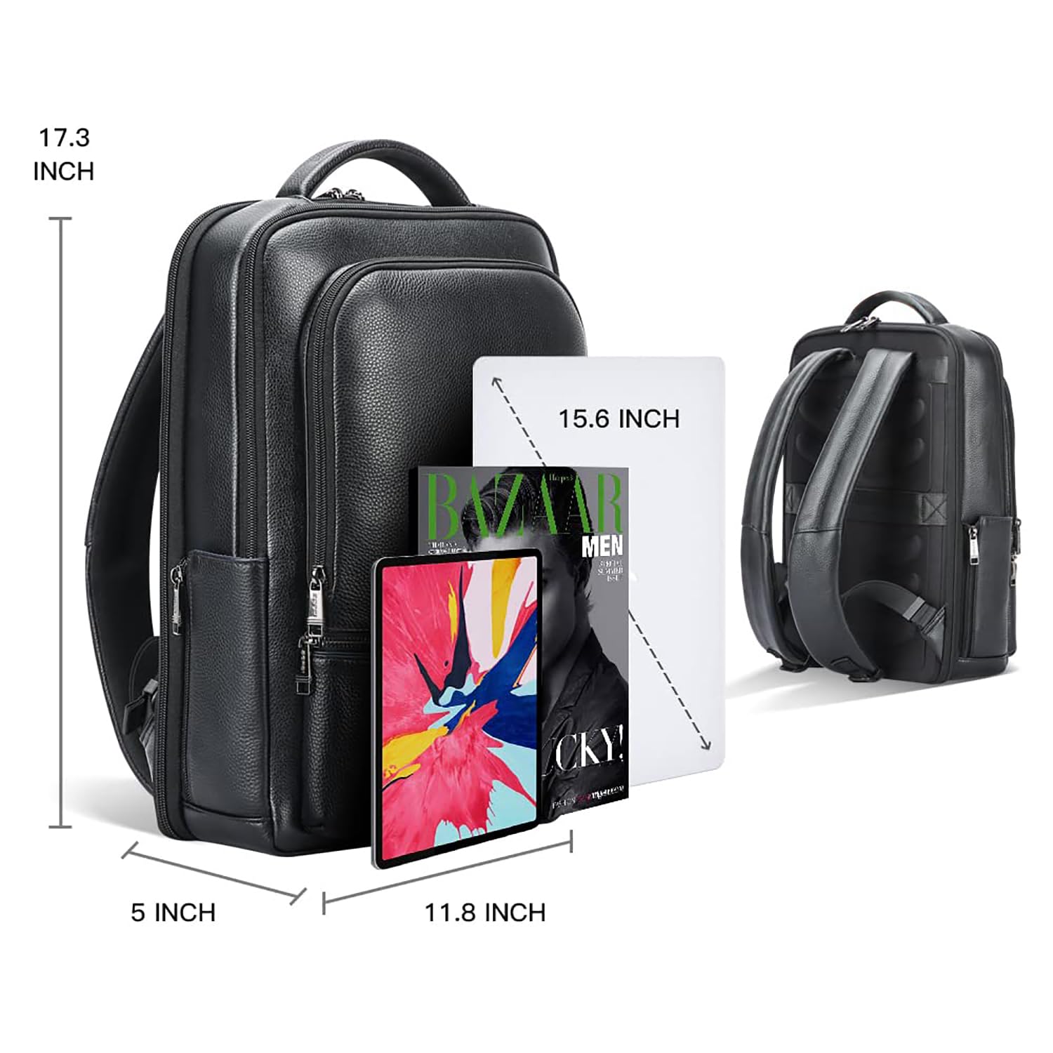 BOPai Genuine Leather Men's Backpack - 15.6 Inch Laptop Business Backpack with USB Charging Port, Anti-Theft Design & Large Capacity - Premium Executive Travel Backpack for Work, Office & Commuting (Classic Black)