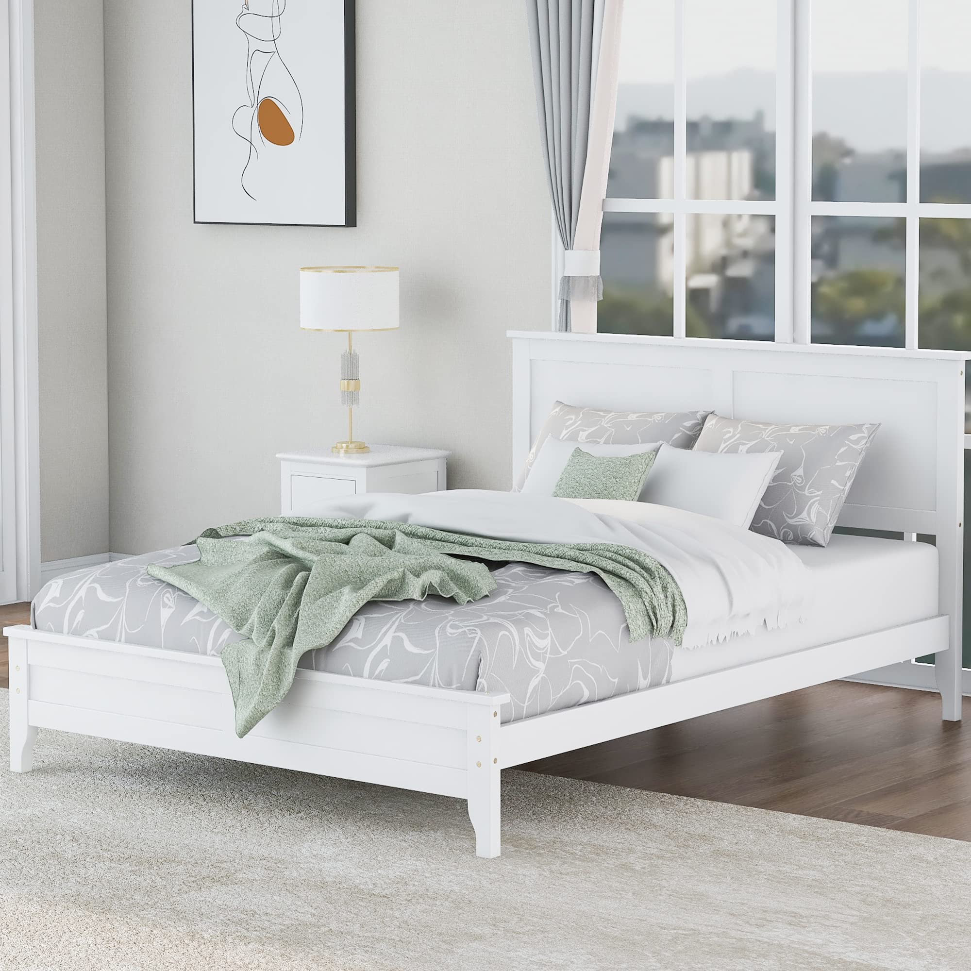 JULYFOX Solid Pine Wood Full Size Platform Bed Frame - Heavy Duty 600lbs Capacity, White Finish with Headboard & Footboard - No Box Spring Needed | Perfect for Modern Bedrooms, Guest Rooms & Dormitories