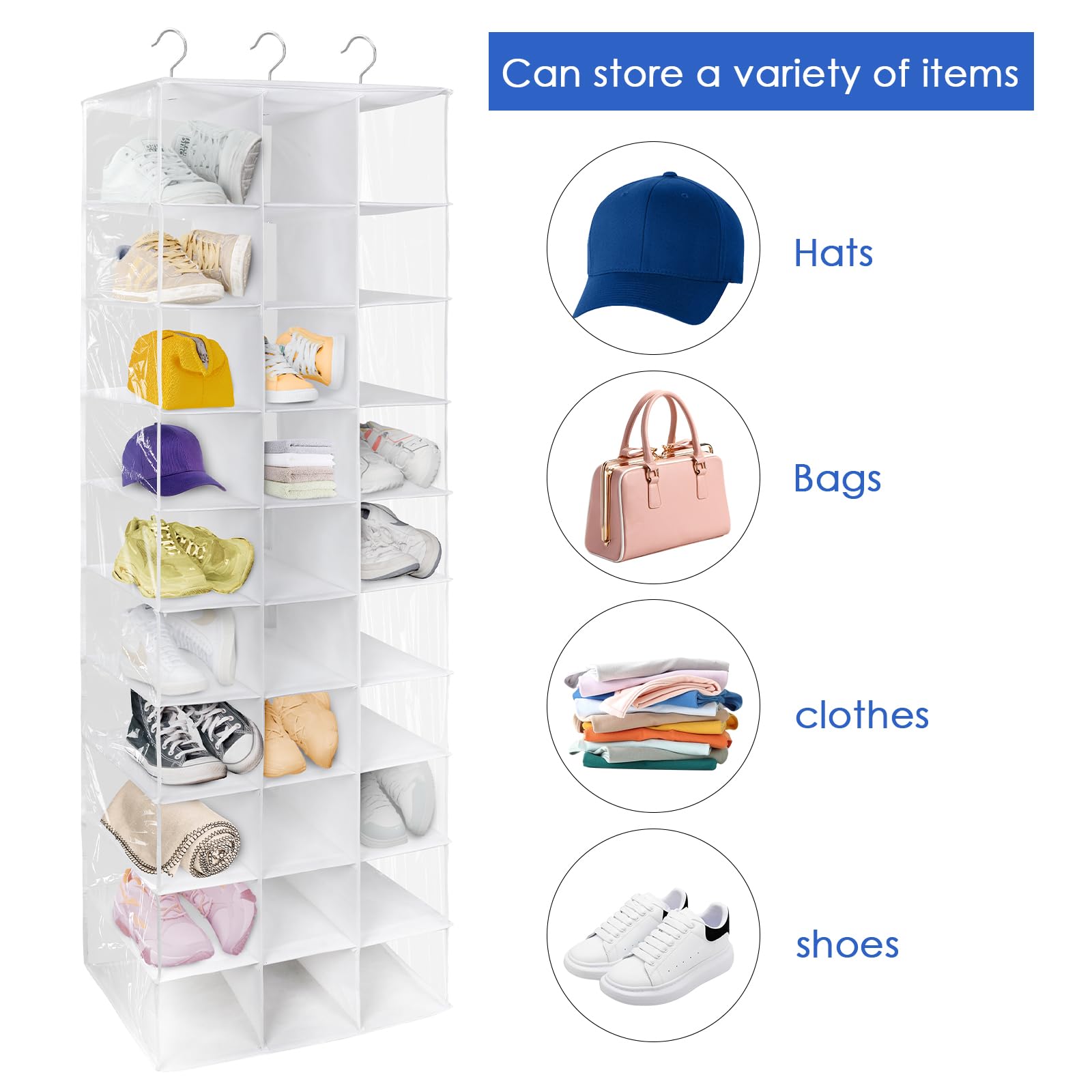 Coastal Rose Hanging Shoe Closet Organizer - 30 Sections Shoe Storage with 6 Mesh Pockets, Space Saving Closet Organizer for Shoes, Accessories & More - Perfect for Bedroom, Closet & Dorm Organization (White)