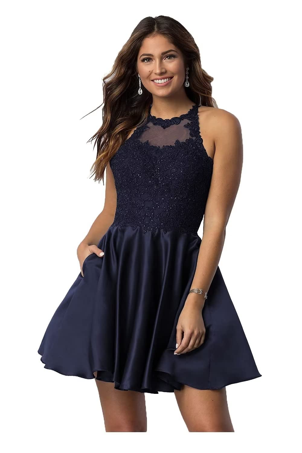 Elegant Halter Prom Dresses with Lace Applique & Pockets - Short Satin Cocktail Dresses for Teens 2022 | Perfect for Homecoming, School Dances & Special Occasions