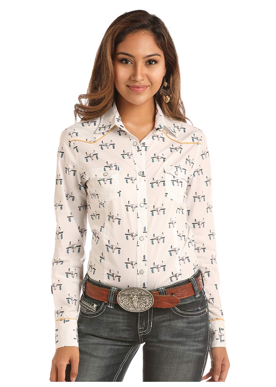 Vintage Rock N Roll Cowgirl Women's Retro Steer Skull Print T-Shirt - White | Western Style Casual Top for Concerts, Rodeos & Country Music Festivals