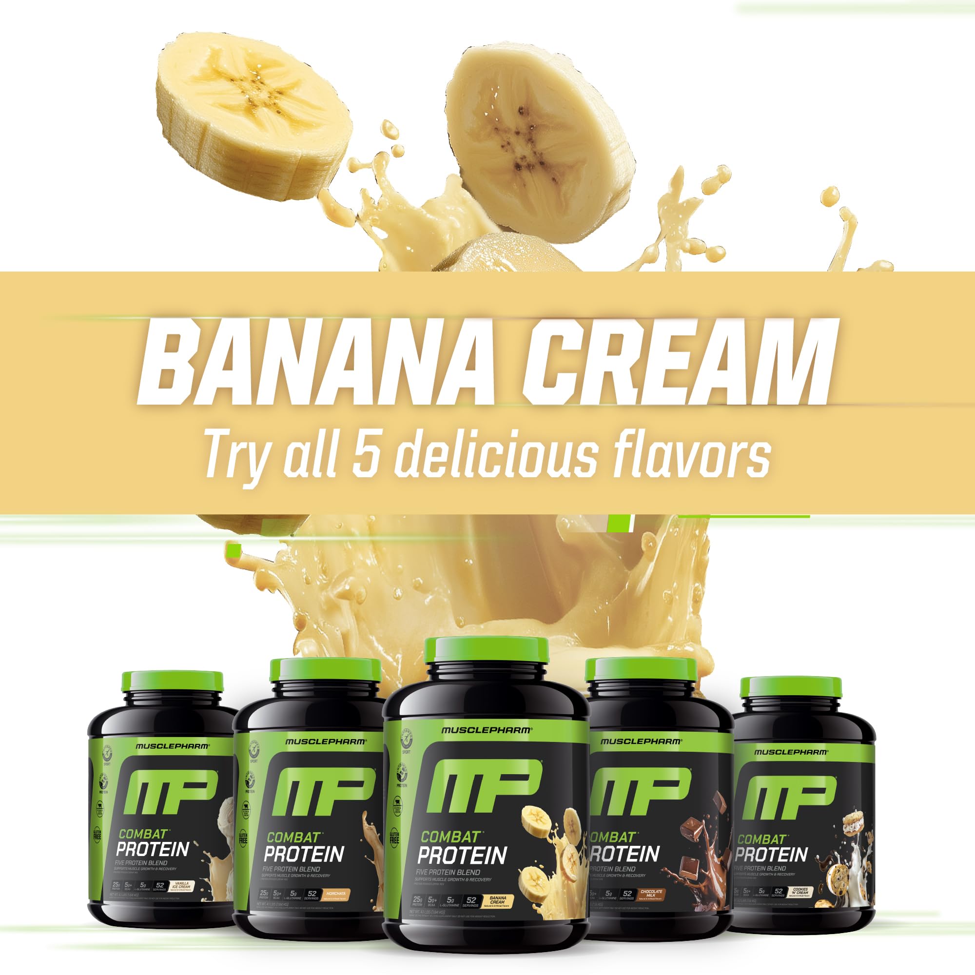 MusclePharm Combat Protein Powder - Banana Cream Flavor, 5 Protein Sources (Whey Isolate & Egg Albumin), Gluten Free, 4lb (52 Servings) - Post Workout Recovery & Muscle Growth Supplement for Athletes & Fitness Enthusiasts