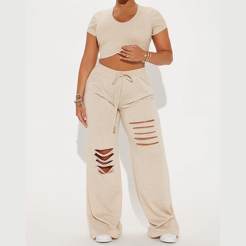 Women's Round Neck T-Shirt & Distressed Ripped Jeans 2-Piece Outfit Set - Casual Streetwear for Everyday Wear, Dating & Shopping