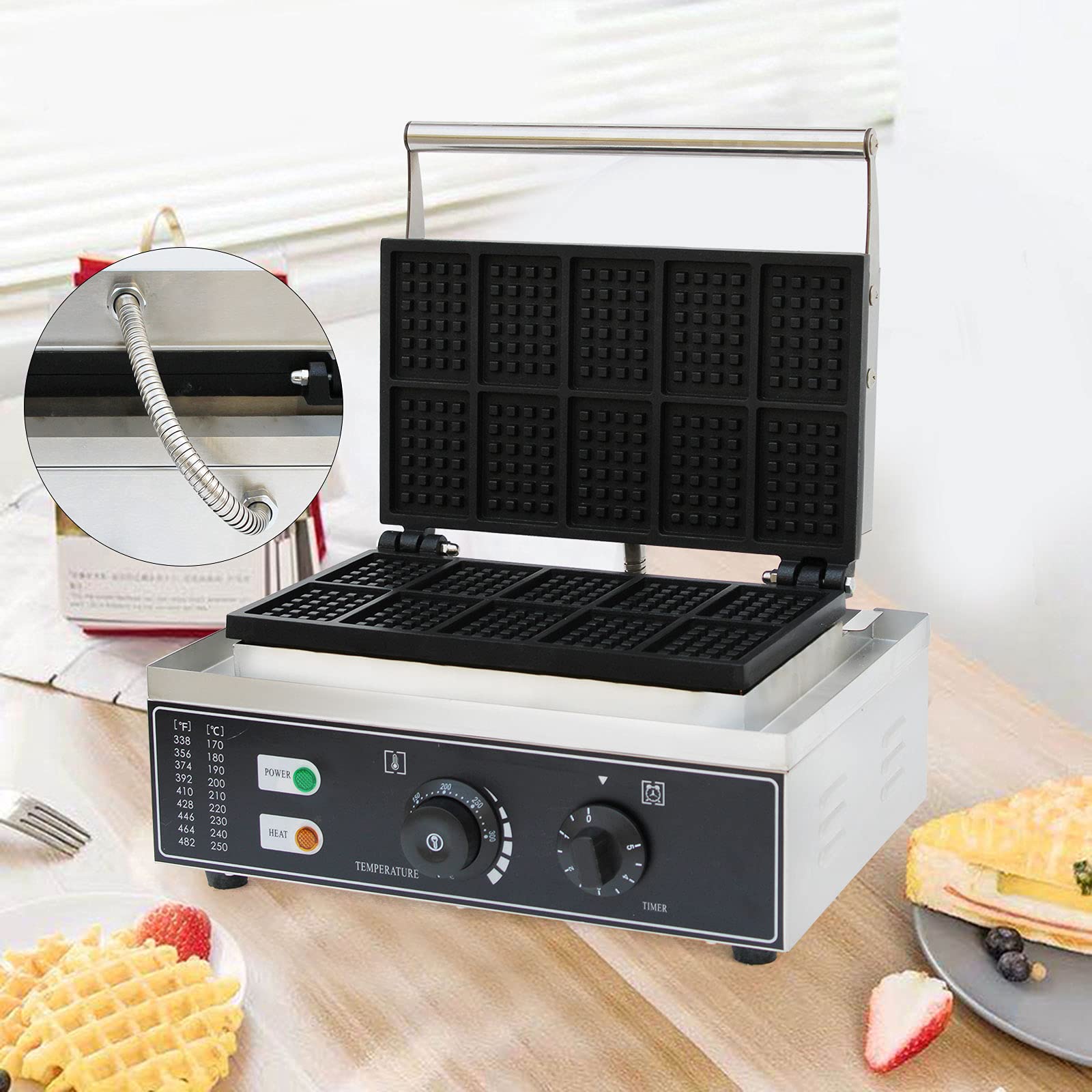 Commercial Electric Waffle Maker Machine - 10Pcs Nonstick Crispy Waffle Iron, Stainless Steel Hot Dog & Sausage Maker for Waffles, Paninis, Hash Browns - 1500W 110V Household Waffle Cone Maker - Perfect for Breakfast, Cafes, Restaurants & Food Trucks