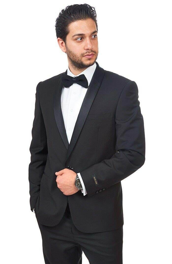 AZAR MAN Slim Fit Men's Shawl Lapel Tuxedo Suit - Black 1 Button Formal Suit with Flat Front Pants | Perfect for Weddings, Prom, Black Tie Events & Evening Gala