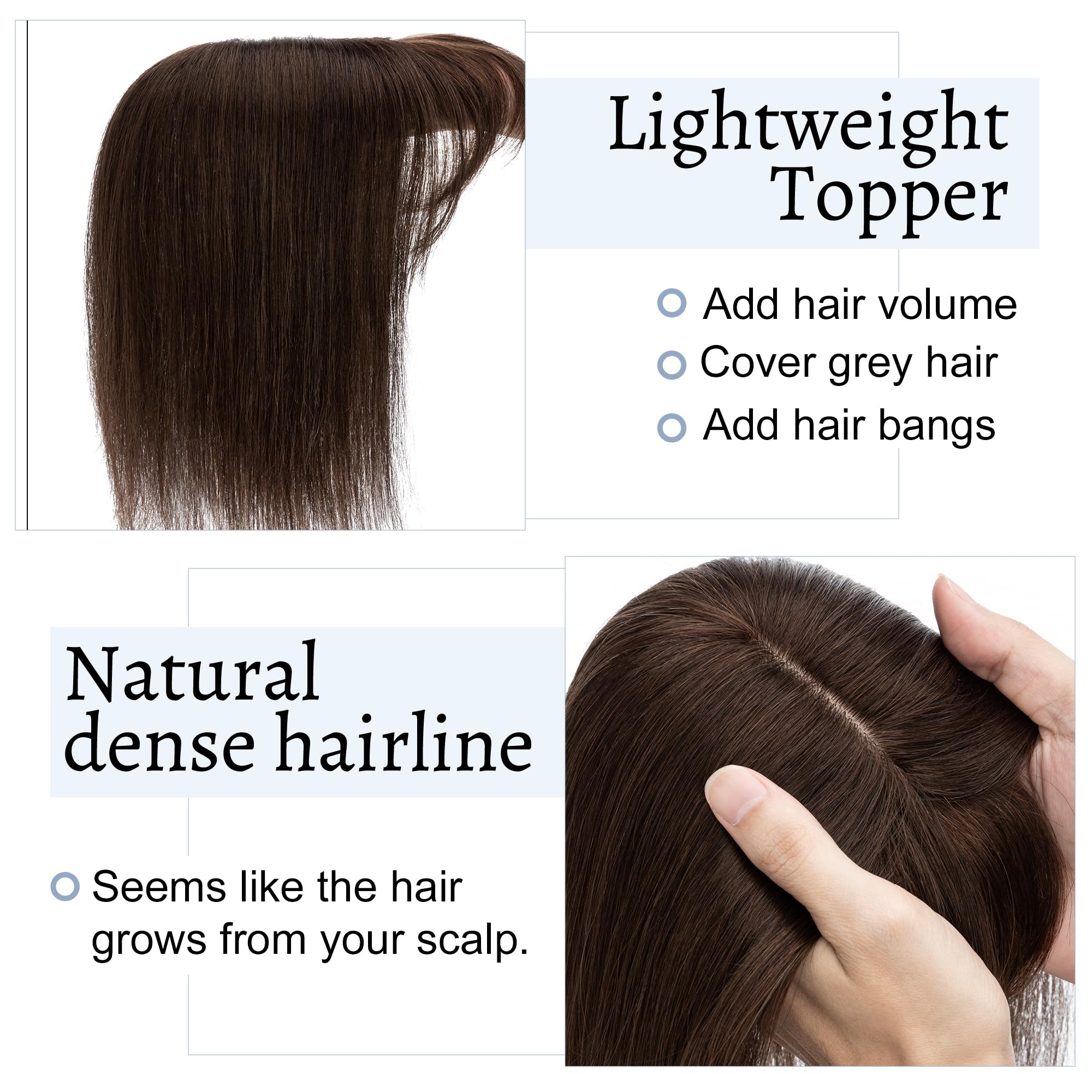 Human Hair Toppers for Women with Bangs - 7x13cm Silk Base Clip-In Hairpiece for Thinning Hair | 18 Inch Dark Brown Wiglet | Perfect for Daily Wear, Parties & Special Occasions