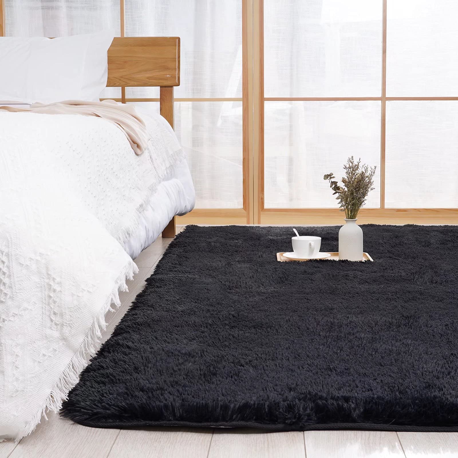CHOSHOME Super Soft Fluffy Velvet Shag Rug - 90 x 150cm Large Anti-Skid Carpet for Bedroom & Living Room | Modern Indoor Area Rug, Plush Shaggy Mat for Cozy Home Decor (Black)