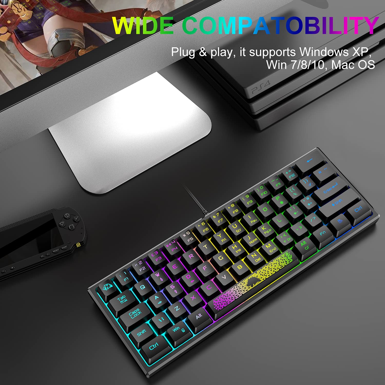 ZIYOU LANG K61 60% Compact RGB Backlit Gaming Keyboard - Wired Mechanical Feel Membrane Keyboard with UK Layout (62 Keys), Waterproof Design for PC, Laptop, Mac, PS4, XBOX | Perfect for Esports, Office Work & Home Entertainment