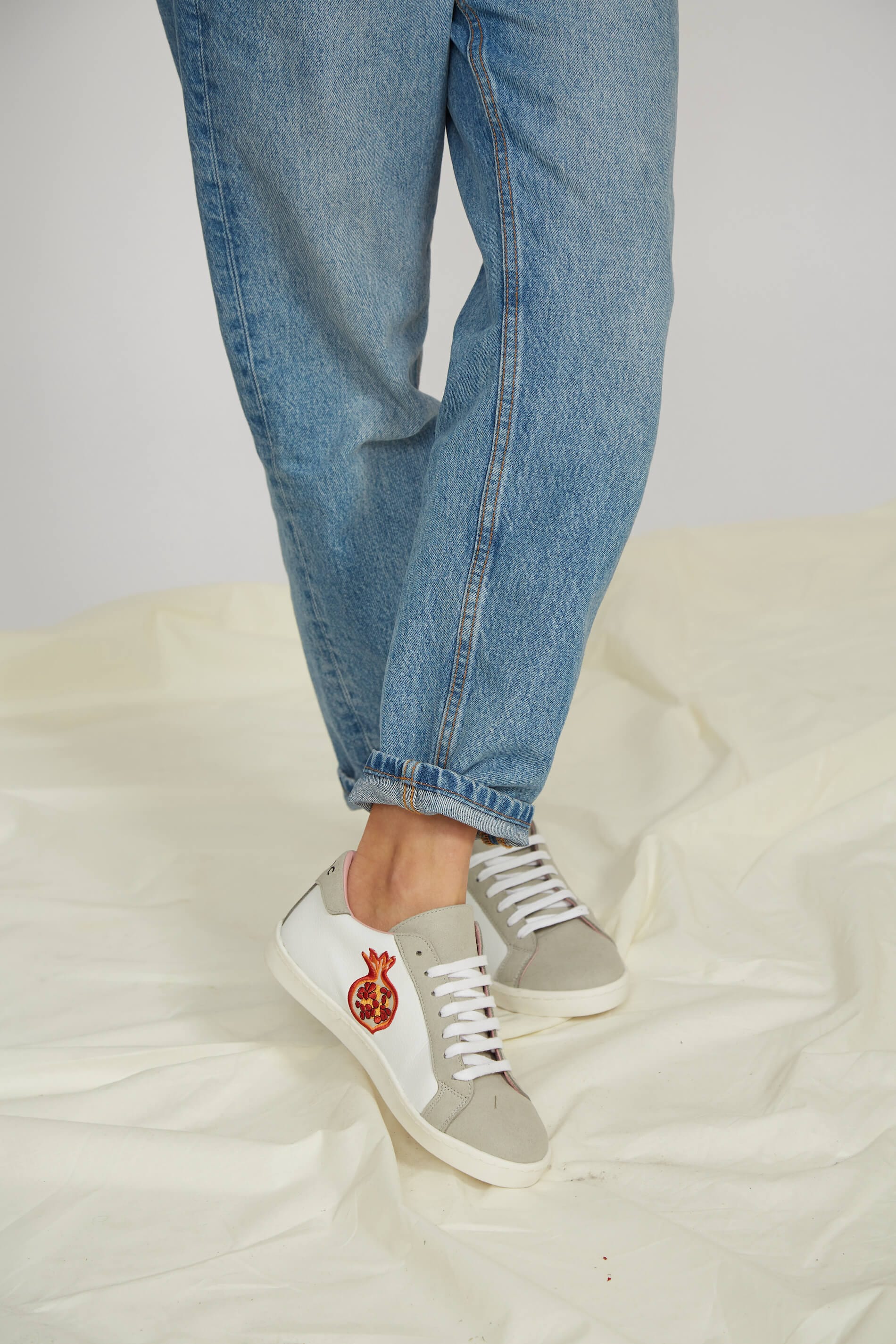 Vegan Leather Embroidered Sneakers for Women - White & Grey Floral Design | Comfortable Casual Shoes for Walking, Work & Everyday Wear