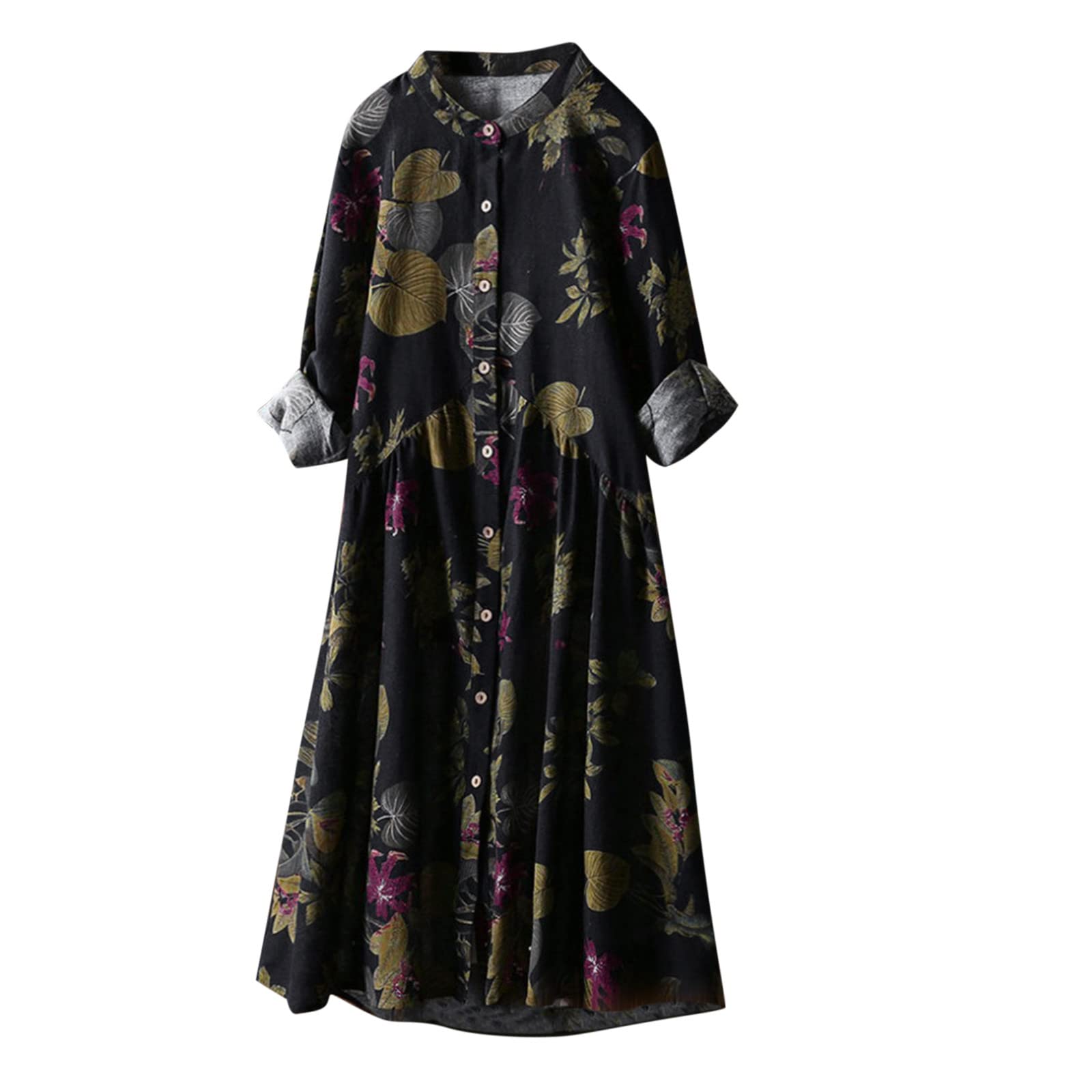 Vintage Floral Print Long Sleeve Button Down Tunic Midi Swing Dress for Women - Retro Style Blouse Dress with Flowy Fit - Perfect for Casual Outings, Date Nights & Office Wear