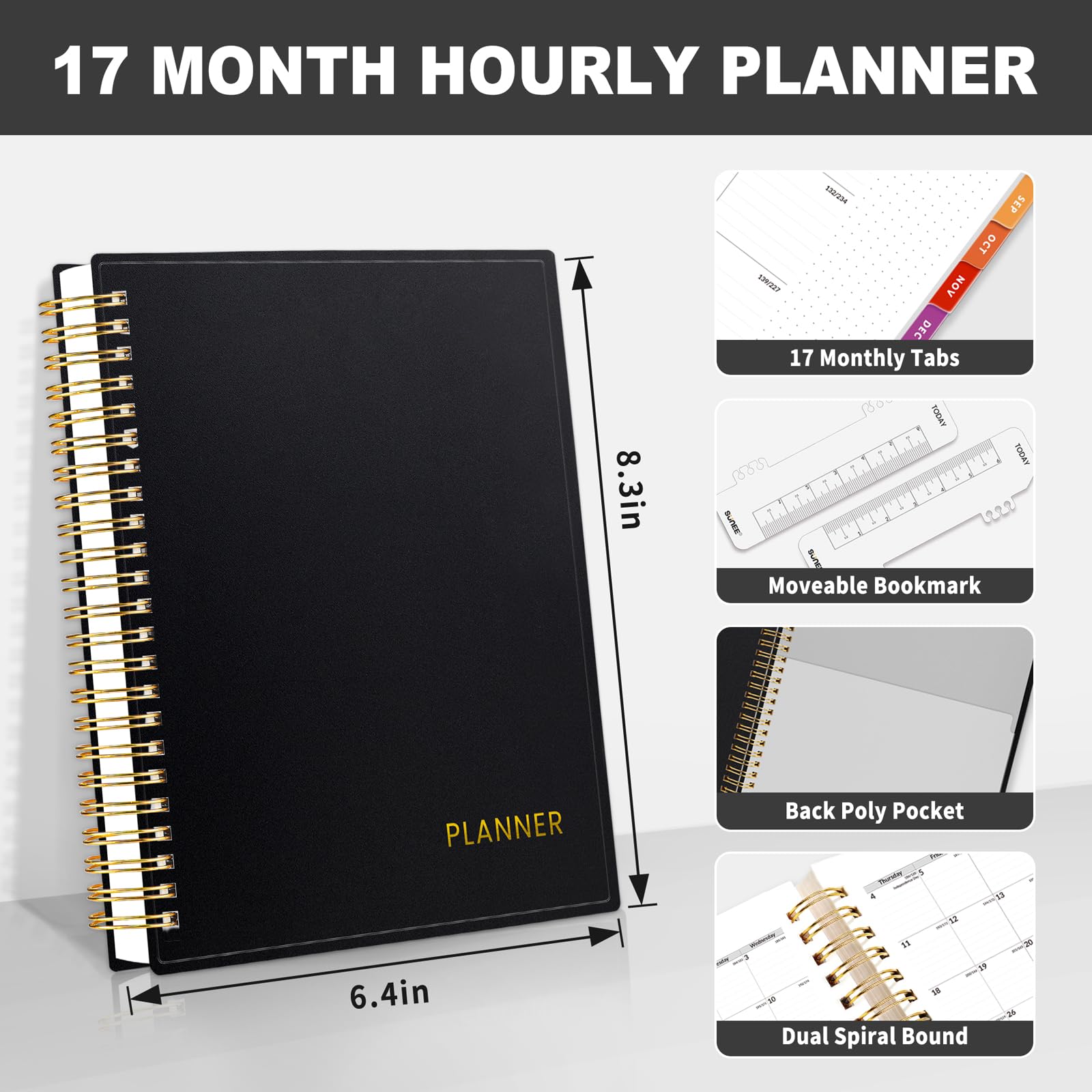 SUNEE 2024-2025 Academic Planner - 17 Month Weekly & Monthly Appointment Book with Hourly Schedule, Flexible Cover, Notes & Pocket (6.4