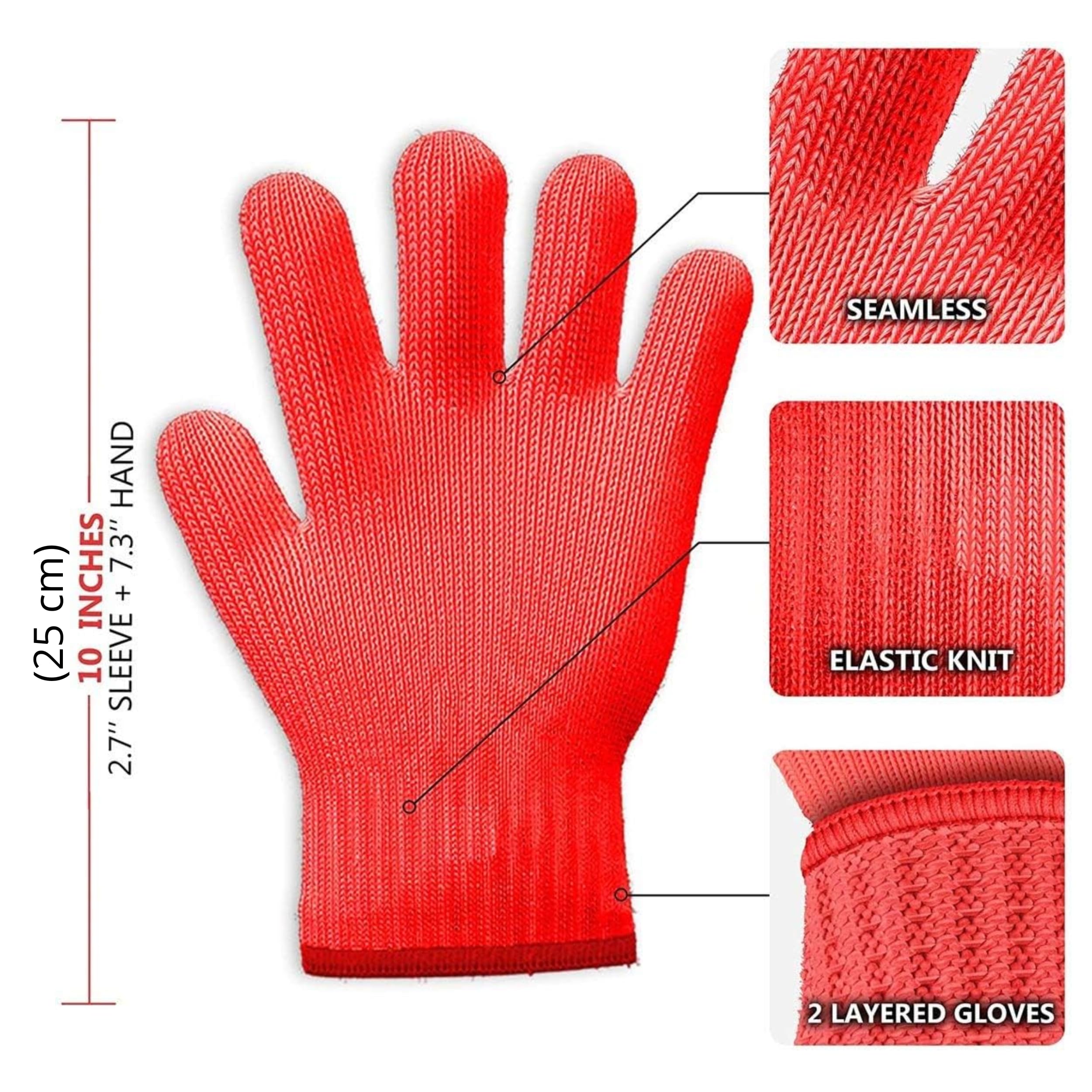 Heat Resistant Oven Gloves - 1 Pair Cotton Kitchen Mitts for Cooking, Baking & Grilling - Red Pot Holders with Finger Protection for Safe Handling of Hot Pans & Dishes