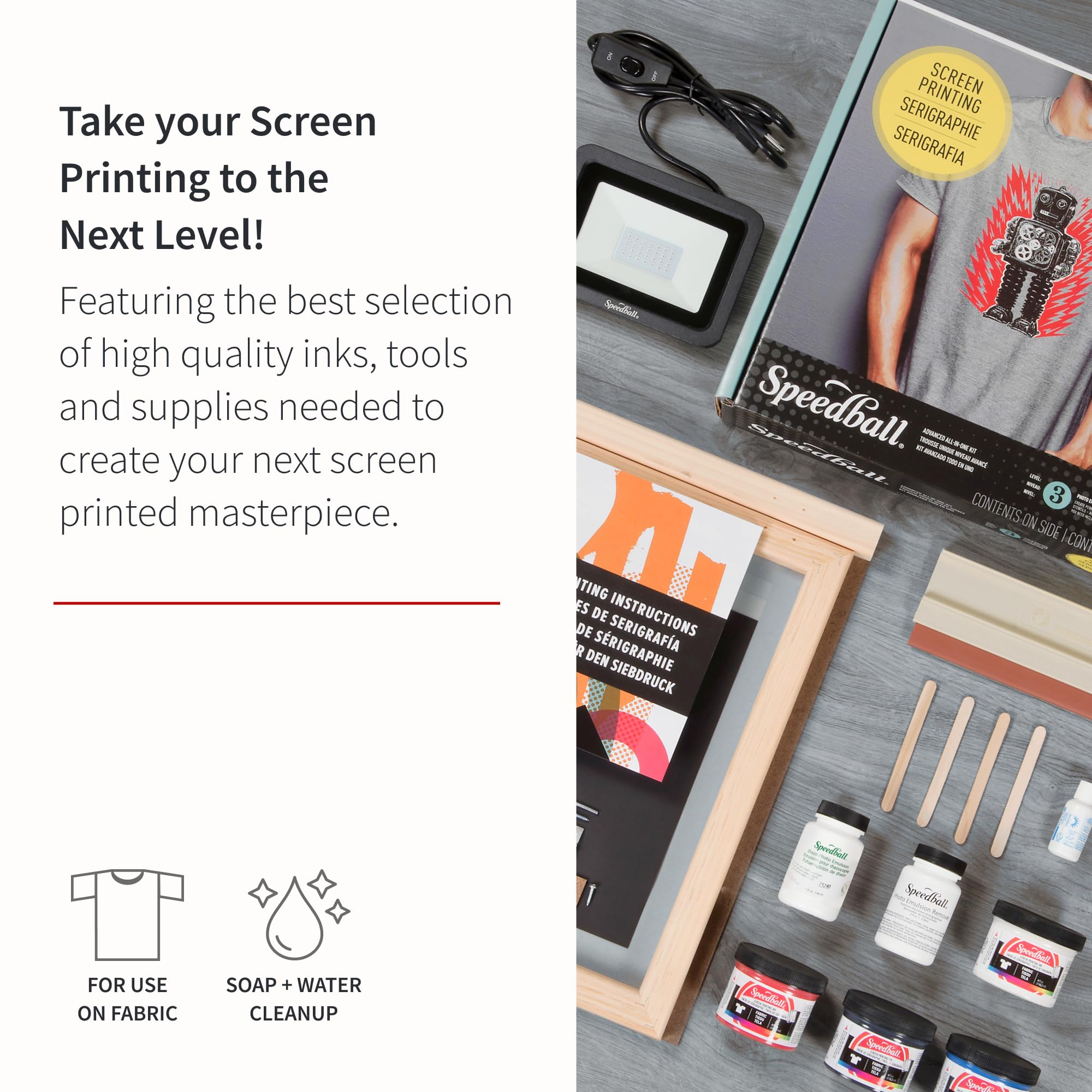 Speedball Advanced 19-Piece Silk Screen Printing Kit with Fabric Ink, Frame Base & LED UV Exposure Light - Perfect for DIY T-Shirt Printing, Art Projects & Home Crafting
