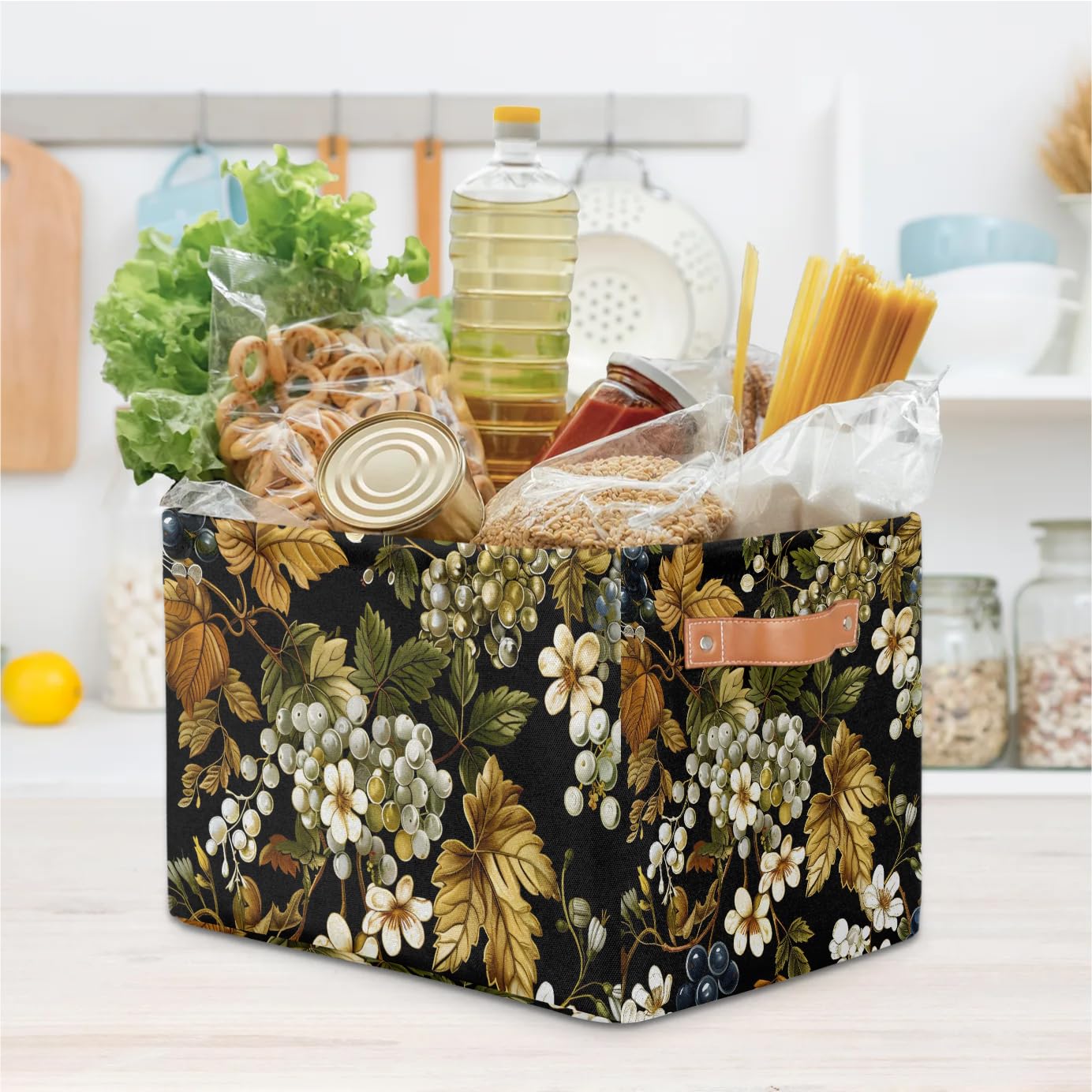 Large Fabric Storage Baskets with Handles - 2 Pack Collapsible Closet Organizers for Clothes, Toys & Home Organization | Grapes Print Decorative Shelving Bins for Bedroom, Nursery & Living Room Storage