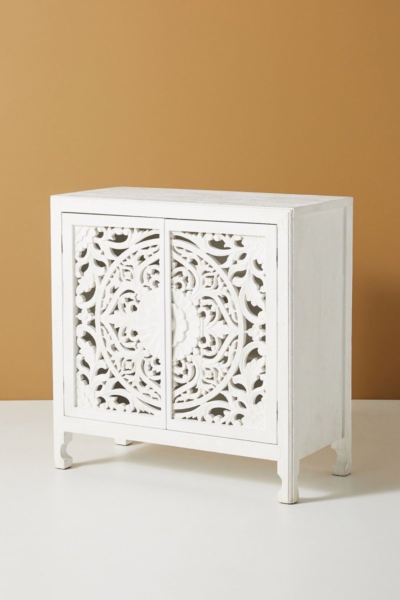 Hand Carved White Lombok Entryway Cabinet - Handmade Wooden Storage Unit with 3 Shelves | Solid Teak Wood Hallway Organizer for Shoes, Keys & Decor | Perfect for Entryway, Foyer & Living Room Storage