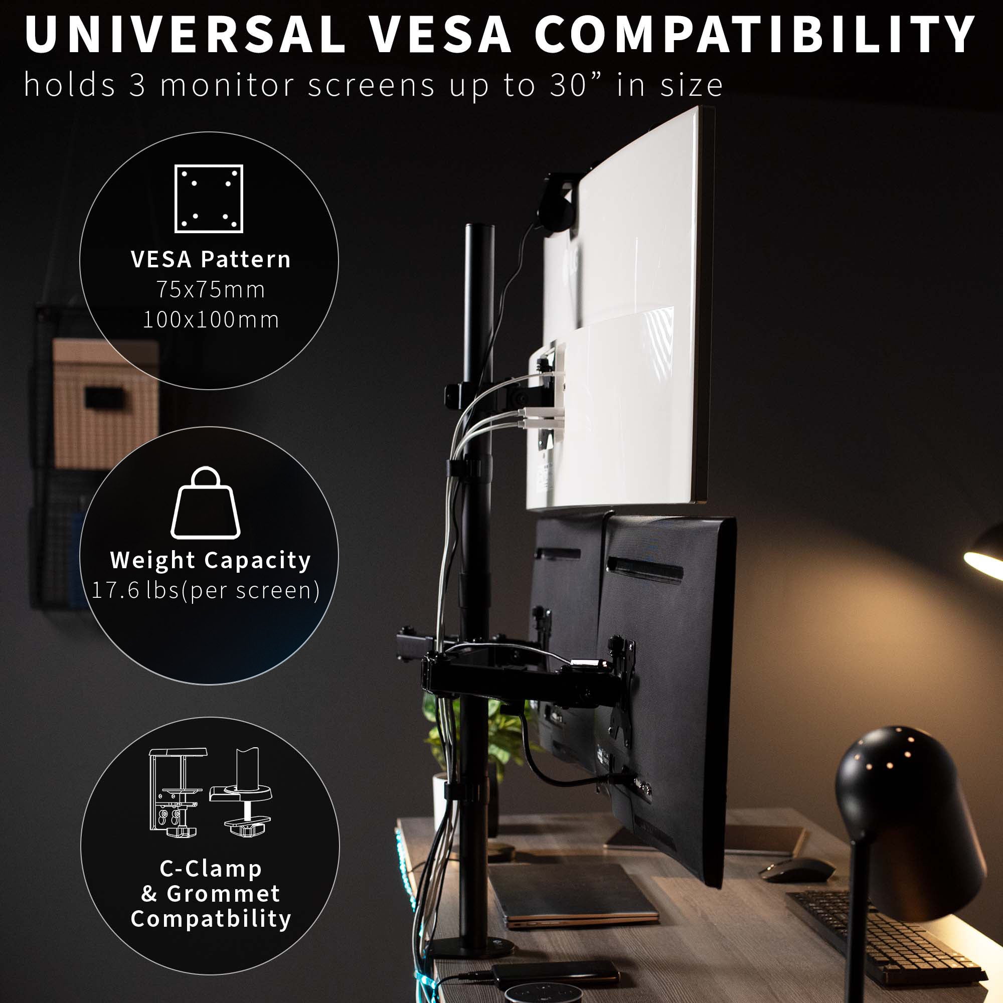 Triple Monitor Stand 13 to 30 Inch - Adjustable Desk Mount for 3 Screens - Perfect for Gaming, Office Work & Home Setup