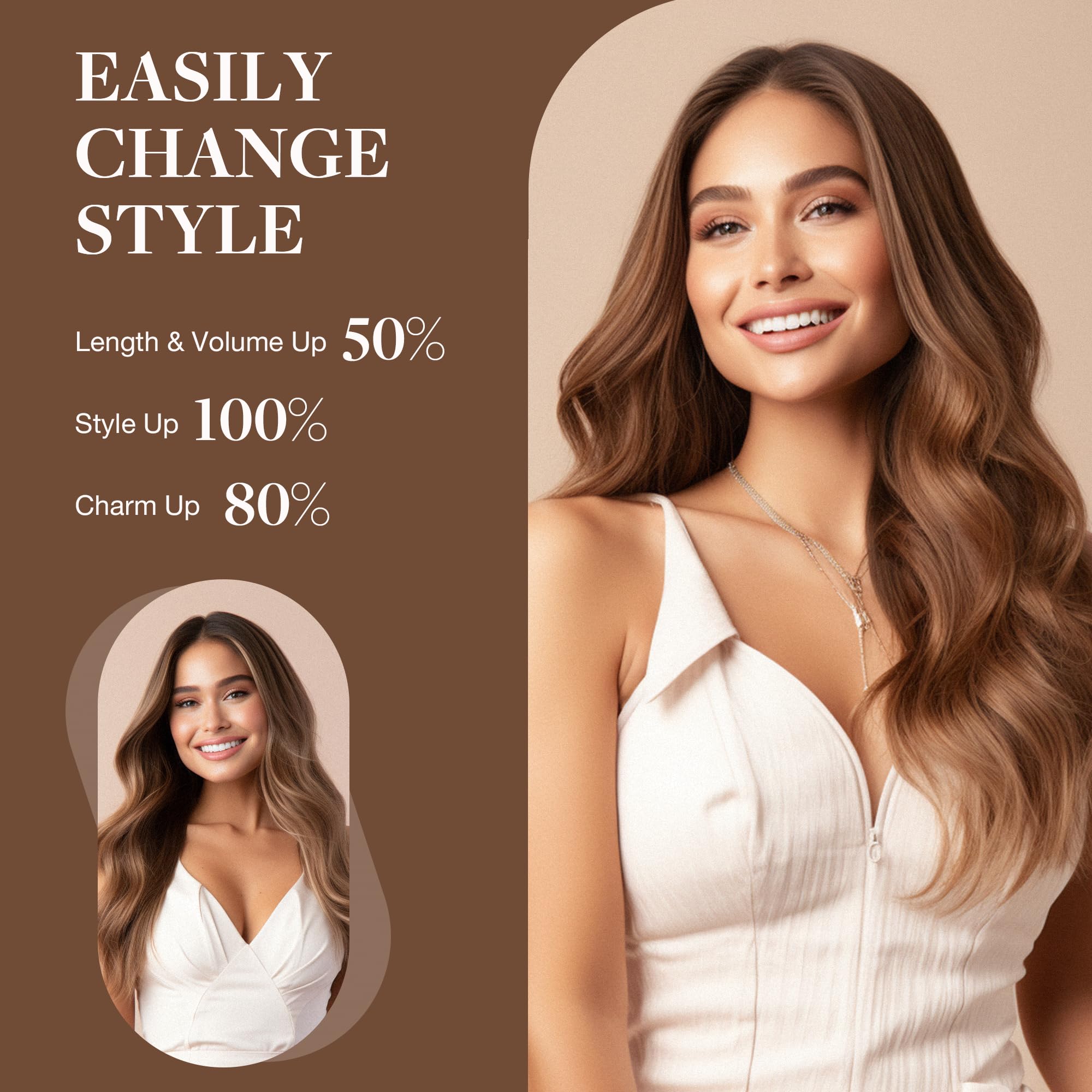 GOO GOO 20Inch 110g 4A Chocolate Brown Human Hair Extensions with Invisible Wire - Seamless Transparent Fish Line Hairpiece for Natural Look - Perfect for Parties, Weddings & Daily Styling