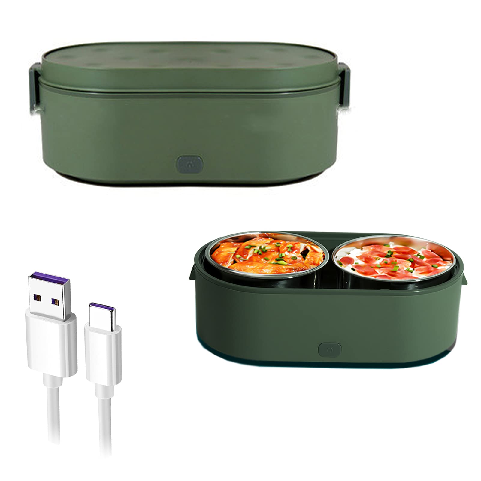 USB Electric Lunch Box - 304 Stainless Steel Portable Food Warmer with 2 Containers | Heated Lunch Box for Adults, Office, Car & Home Use | Perfect for Commuting, Travel & Workplace Meals | Green