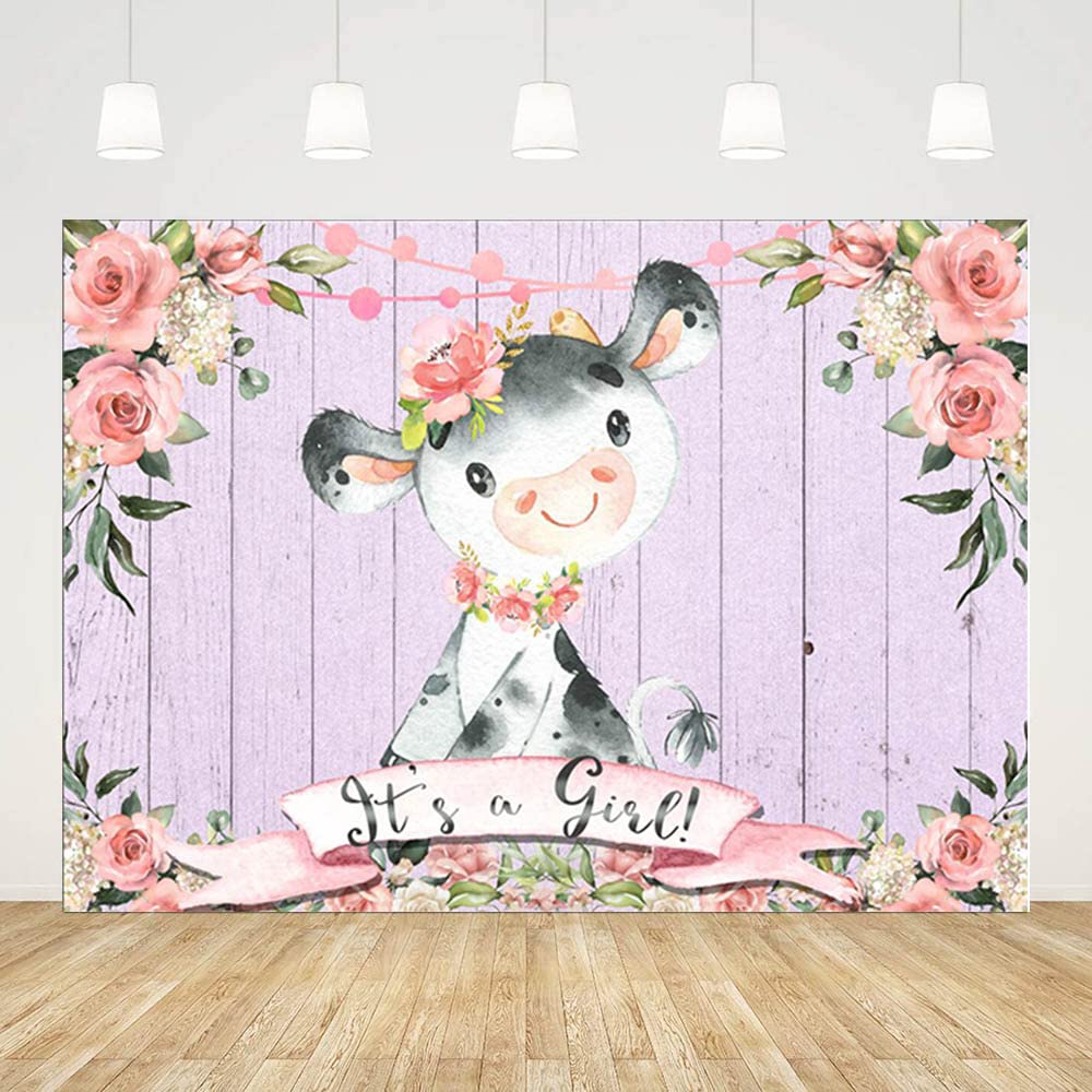 10x7ft Pink Floral Holy Cow Baby Shower Backdrop - Rustic Wood Photography Background for It's a Girl Party Decorations | Perfect for Baby Shower Photo Booth, Gender Reveal Events & Newborn Photography