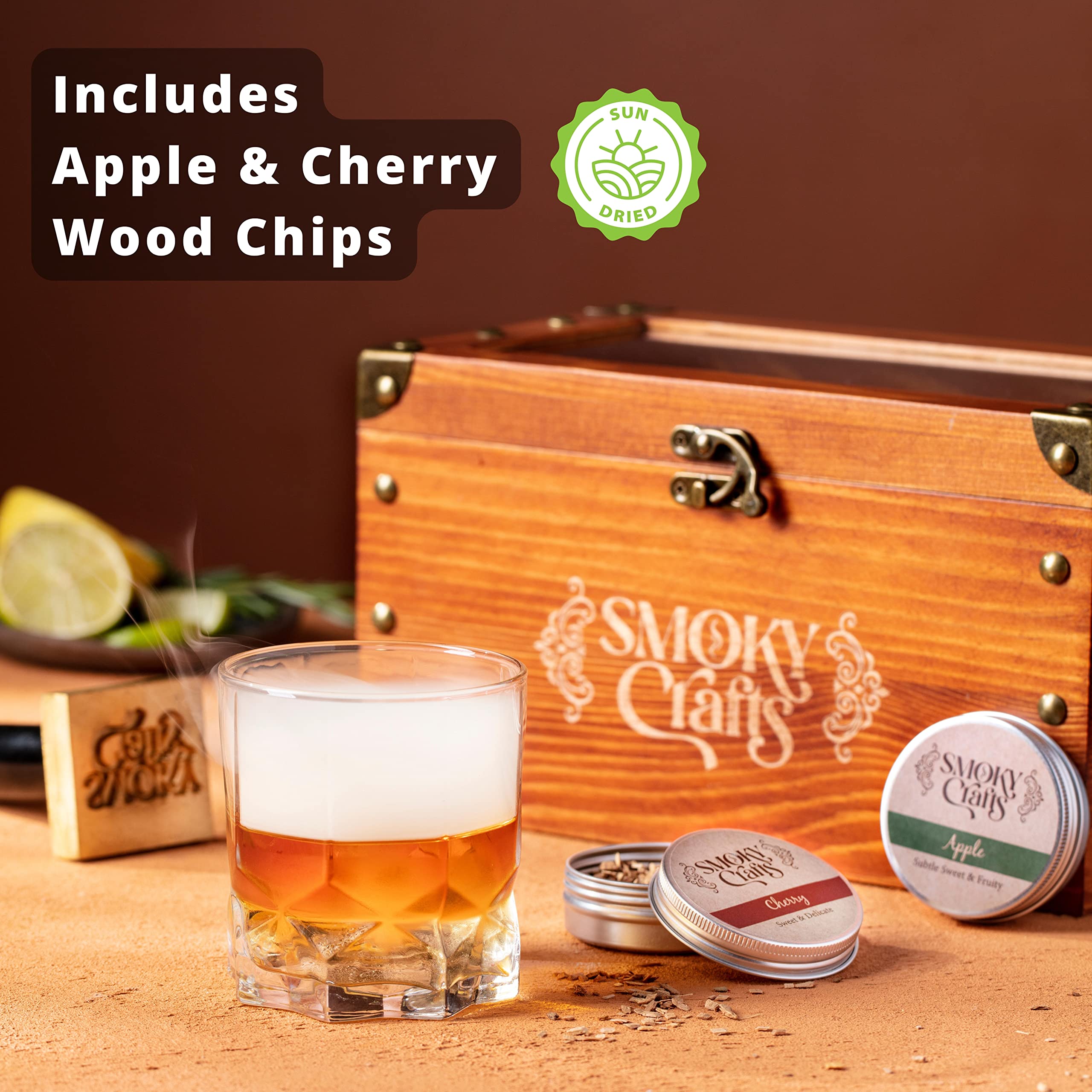 Premium Whiskey Smoker Kit - Old Fashioned Cocktail & Food Smoker with Smoking Gun, Wood Chips (Apple & Cherry), Food Tray - Perfect for Bourbon Lovers, Home Bars & Gourmet Cooking - No Torch Required