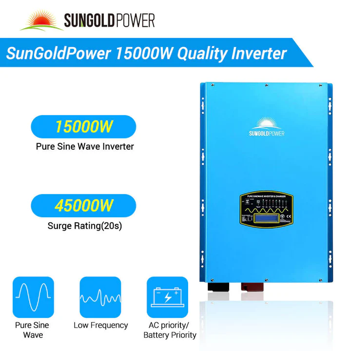SunGoldPower 15000W Off Grid Solar Kit with 20.48kWh LiFePO4 Battery & 18x415W Solar Panels | 48VDC 120V/240V Output | SGR-15K20E | Perfect for Remote Cabins, RV Living & Emergency Power Backup