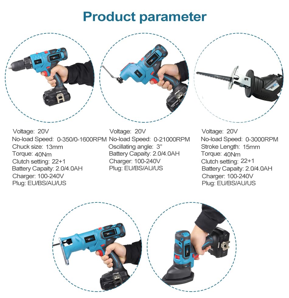 NEWONE 20V Cordless 5-Tool Combo Kit with Drill, Reciprocating Saw, Jigsaw, Oscillating Tool & Sander - Includes 2.0Ah Lithium Battery, Charger & Storage Case - Perfect for DIY Projects, Home Repairs & Woodworking Tasks