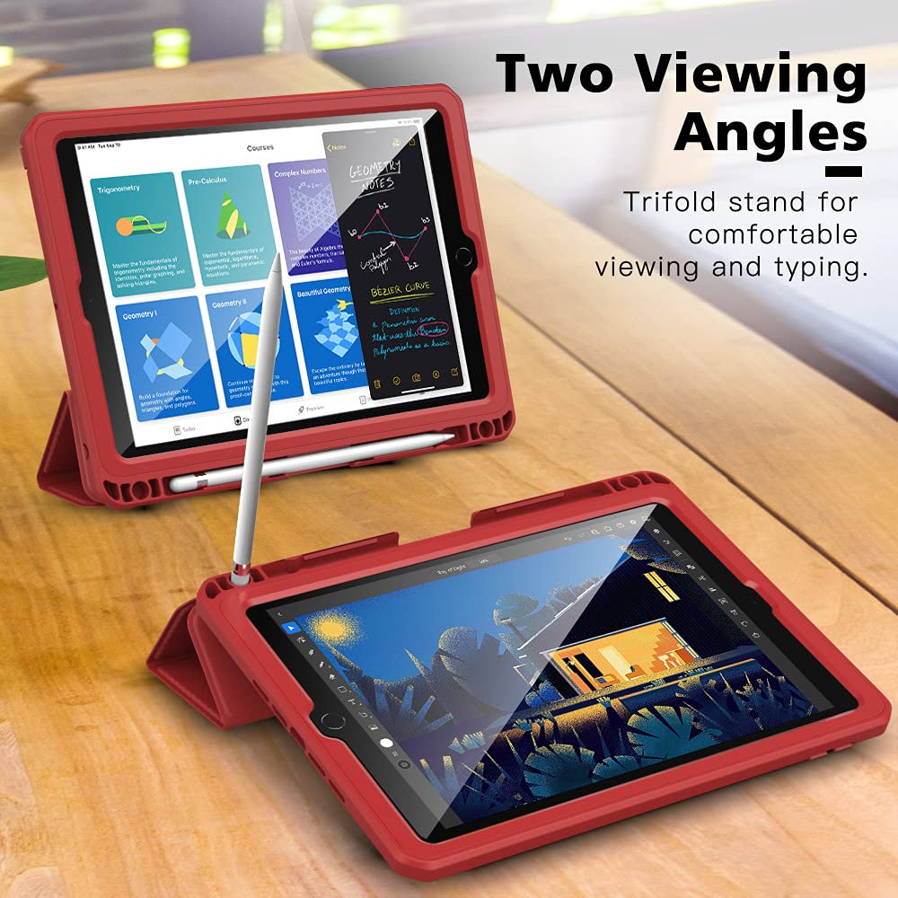 MoKo Shockproof Case for iPad 10.2 Inch (9th/8th/7th Generation 2021/2020/2019) - Built-in Screen Protector & Apple Pencil Holder, Auto Sleep/Wake Protective Cover - Perfect for Work, School & Travel (Red)