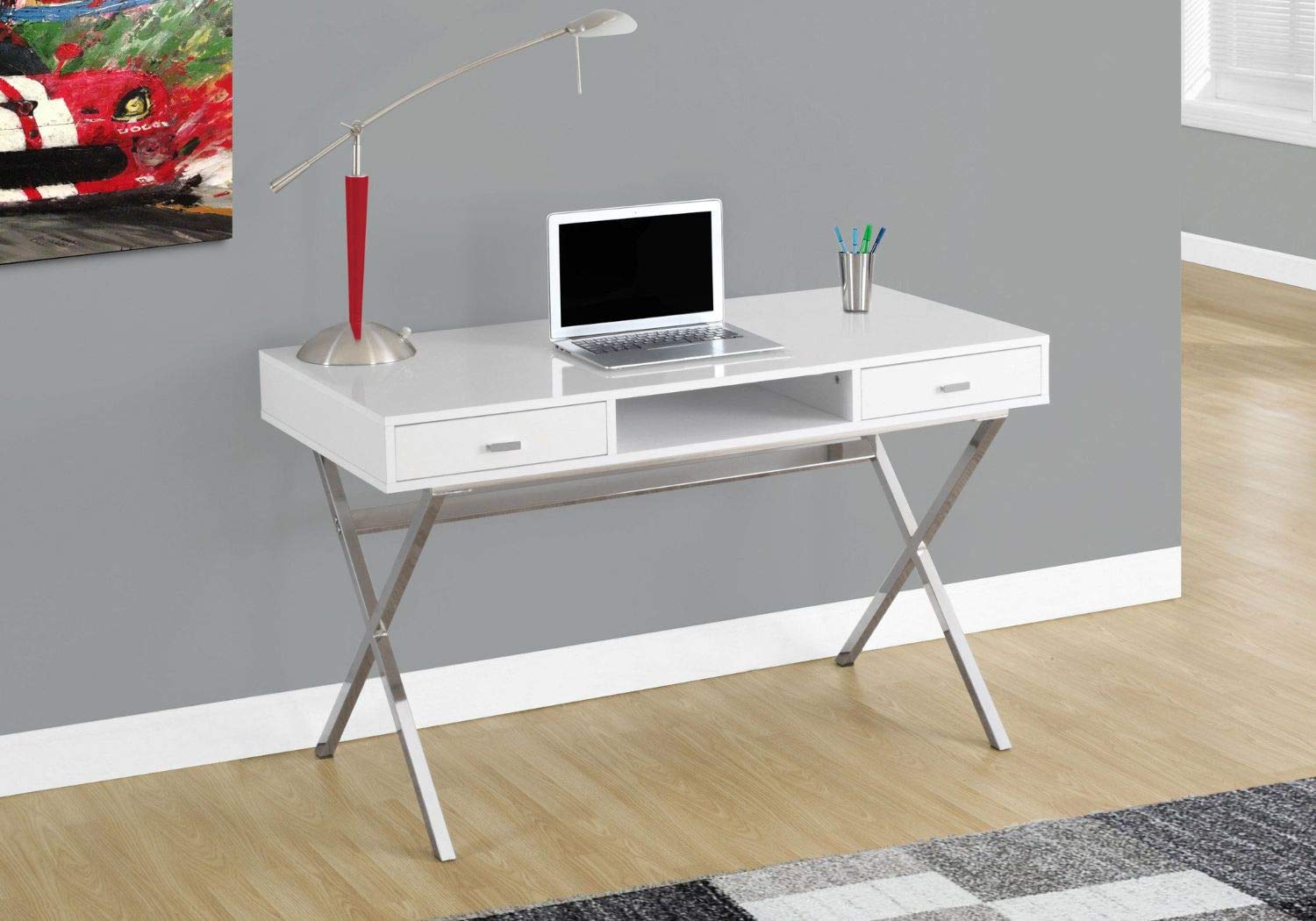 Offex 48 Inch Modern L-Shaped Computer Desk with Chrome Metal Frame - Glossy White Home Office Desk for Gaming, Work & Study | Space-Saving Corner Desk for Small Rooms & Apartments