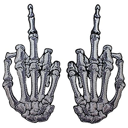 White Skeleton Hand Middle Finger Iron-On Patch - Kreepsville Embroidered Gothic Applique for DIY Jackets, Bags & Costumes | Punk Rock Accessories & Halloween Decor