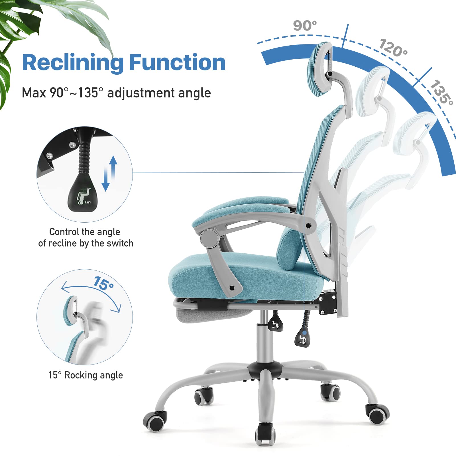 Ergonomic Home Office Chair with High Back, Adjustable Headrest & Lumbar Support - Executive Mesh Computer Chair with Retractable Footrest & Armrests (Blue) - Perfect for Long Work Hours, Gaming & Remote Work Setup