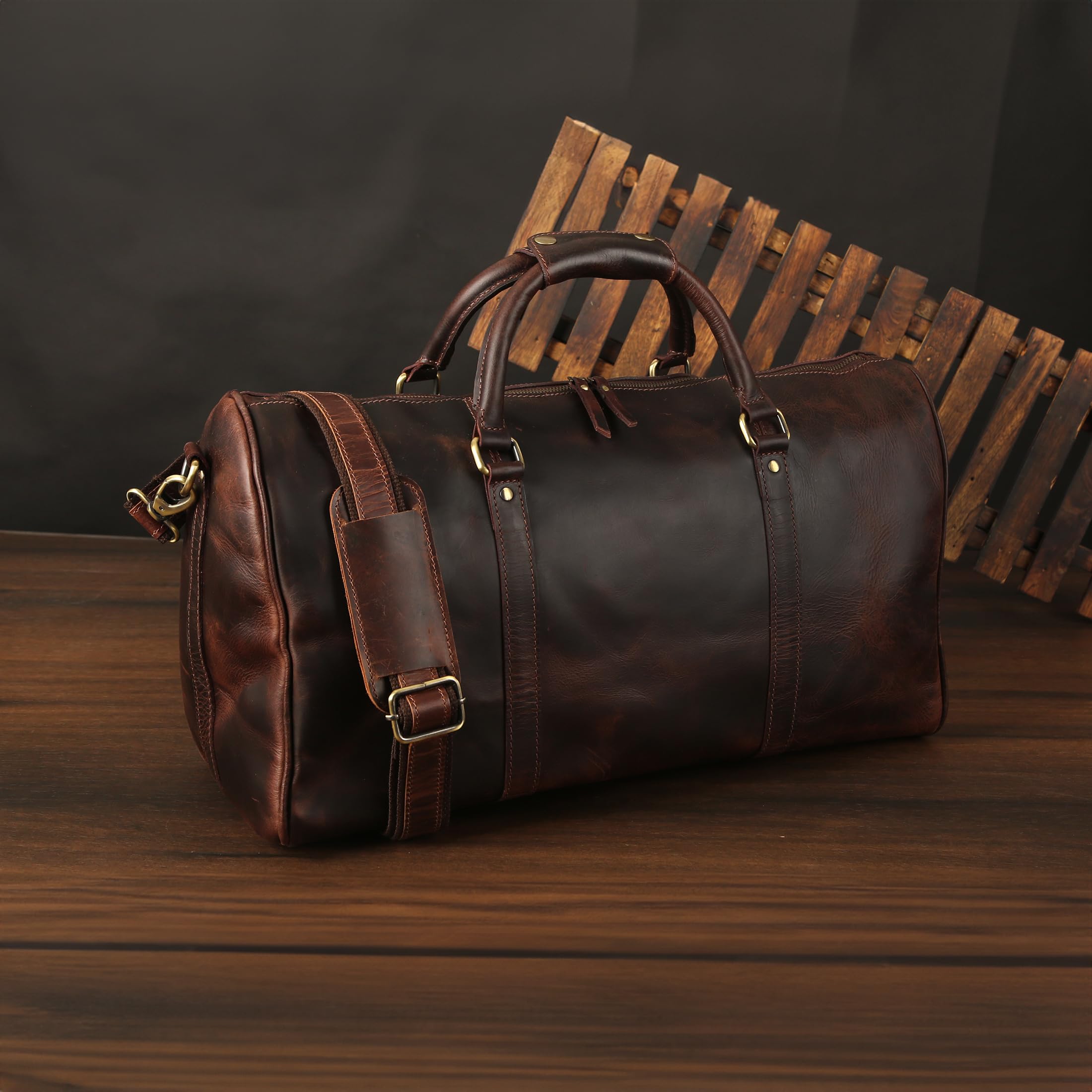 Premium Oversized Dark Brown Full Grain Leather Weekender Bag - Large Travel, Gym & Sports Duffle for Men & Women - Durable Carry-On Luggage for Weekend Trips, Workouts & Business Travel (Dark Brown)