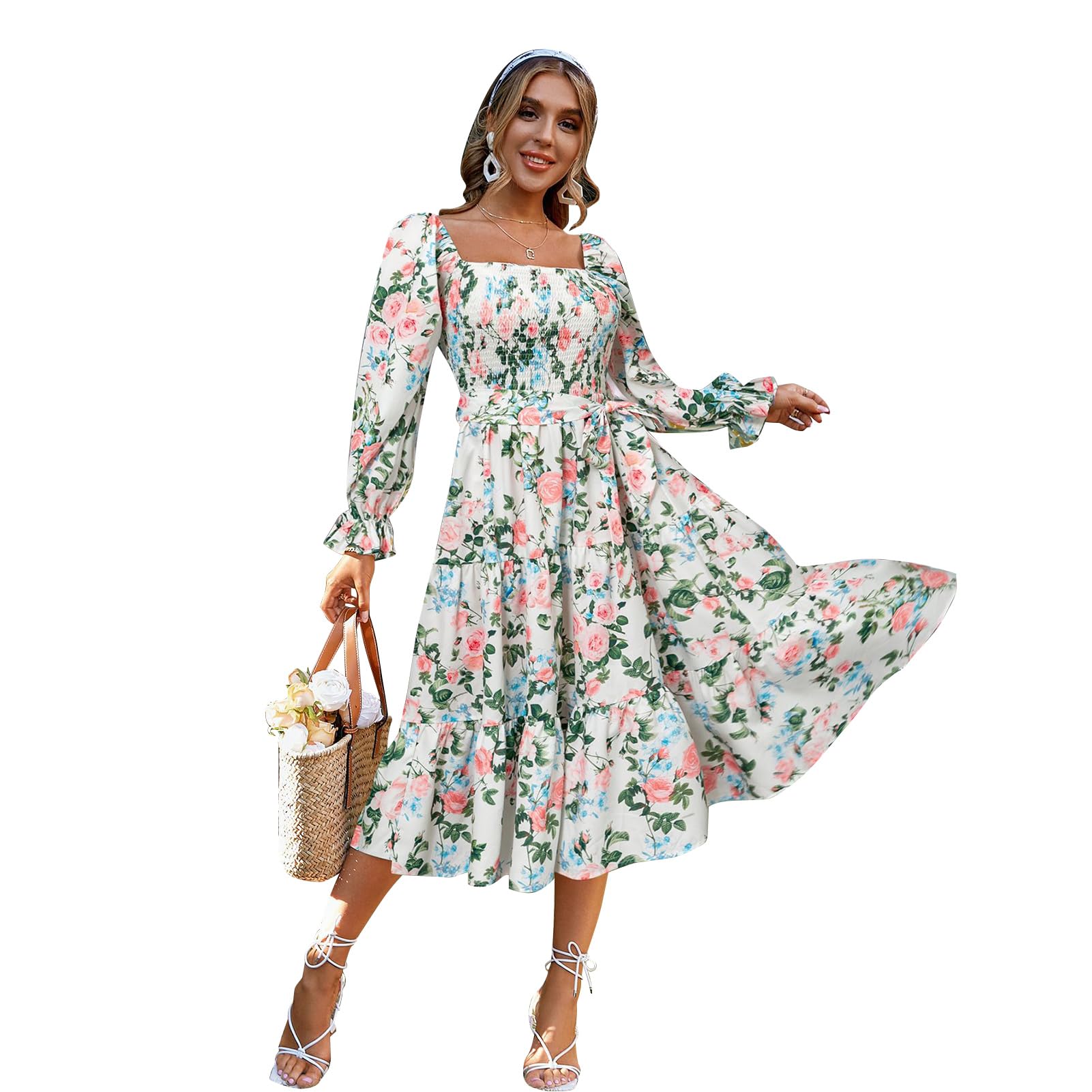 IDOPIP Women's Boho Floral Smocked Ruffle Midi Dress - Square Neck Off-Shoulder Sundress for Wedding Guest, Beach Vacation & Summer Parties | Elegant Flowy Dress for Women