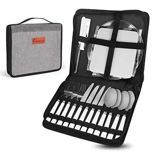 **4-Person Camping Kitchen Utensil Set - 24pcs Stainless Steel Dinnerware with Plates, Spoons, Knives, Forks & Wine Opener | Portable Cutlery Organizer for Outdoor Picnics, Hiking & Backpacking Trips**