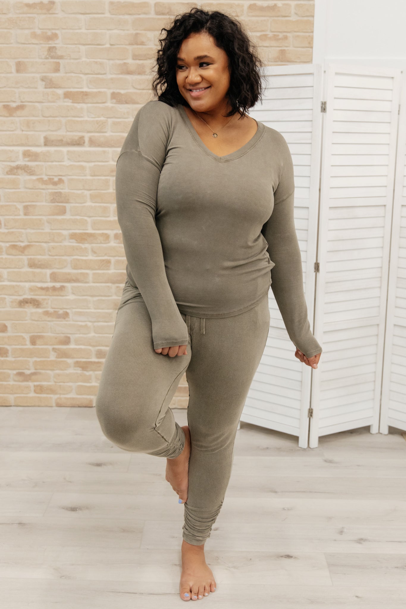 Essential Lounge Top in Mineral Wash Olive - Soft & Comfortable Women's Casual Shirt for Relaxing at Home, Yoga, or Running Errands