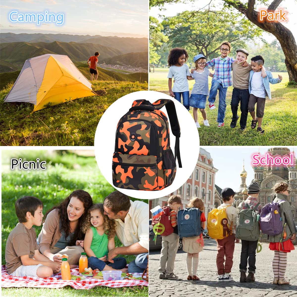CY Camo Orange Backpack for School, Travel & Outdoor - Christmas Gift for Kids