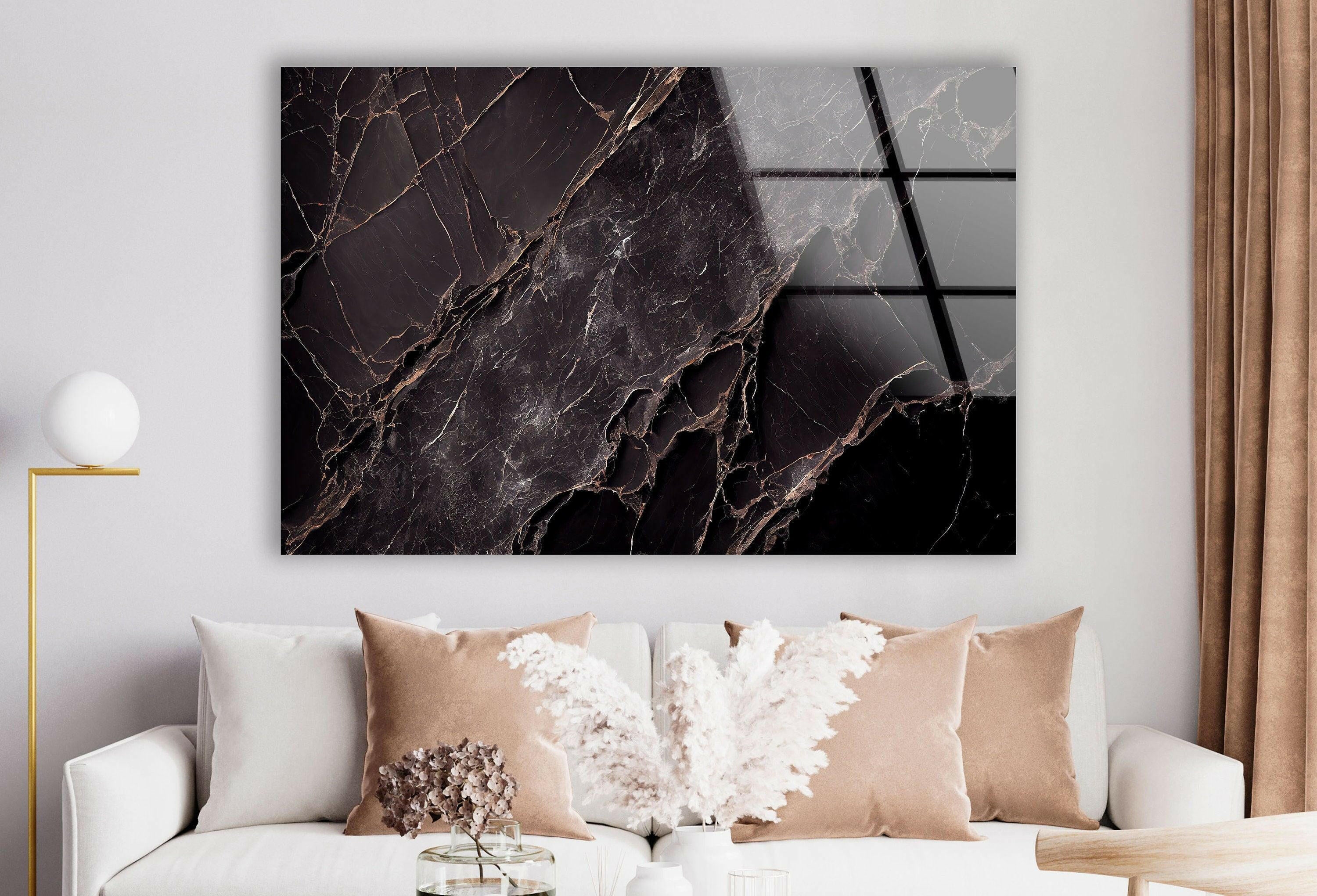 Black Marble Natural Abstract Glass Wall Art - Modern Home Decor for Living Room, Bedroom & Office | Elegant Glass Wall Sculpture for Contemporary Interior Design