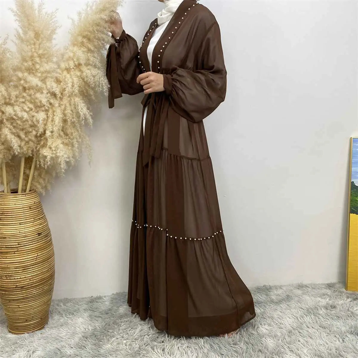 Elegant Muslim Women's Chiffon Beaded Open Abaya Dress - Modest Islamic Prayer Dress for Mosque, Eid & Special Occasions