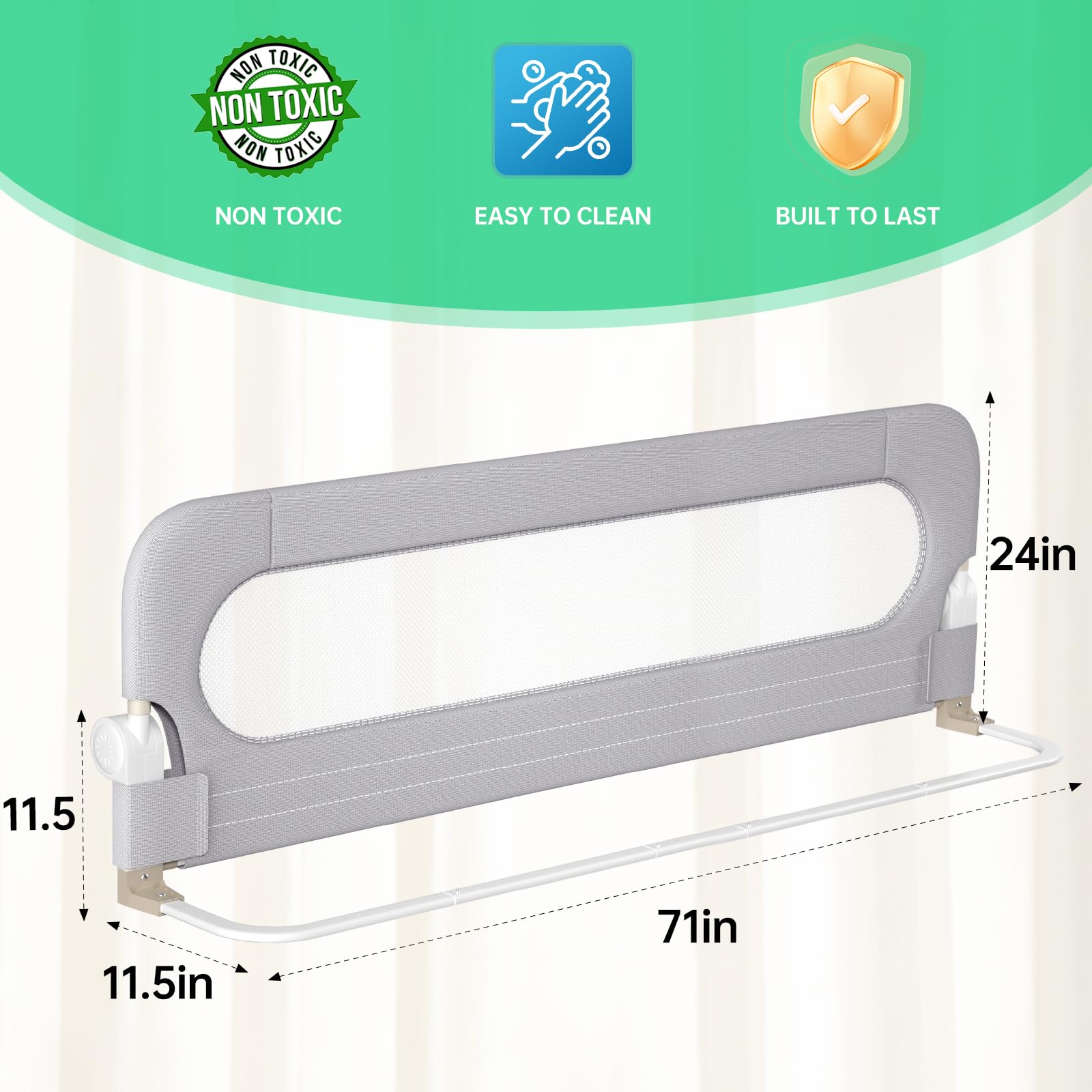 **Toddler Safety Bed Rail - Adjustable Folding Bed Guard for Kids with Reinforced Anchor System - Fits Twin, Full, Queen & King Size Beds (Grey, 71