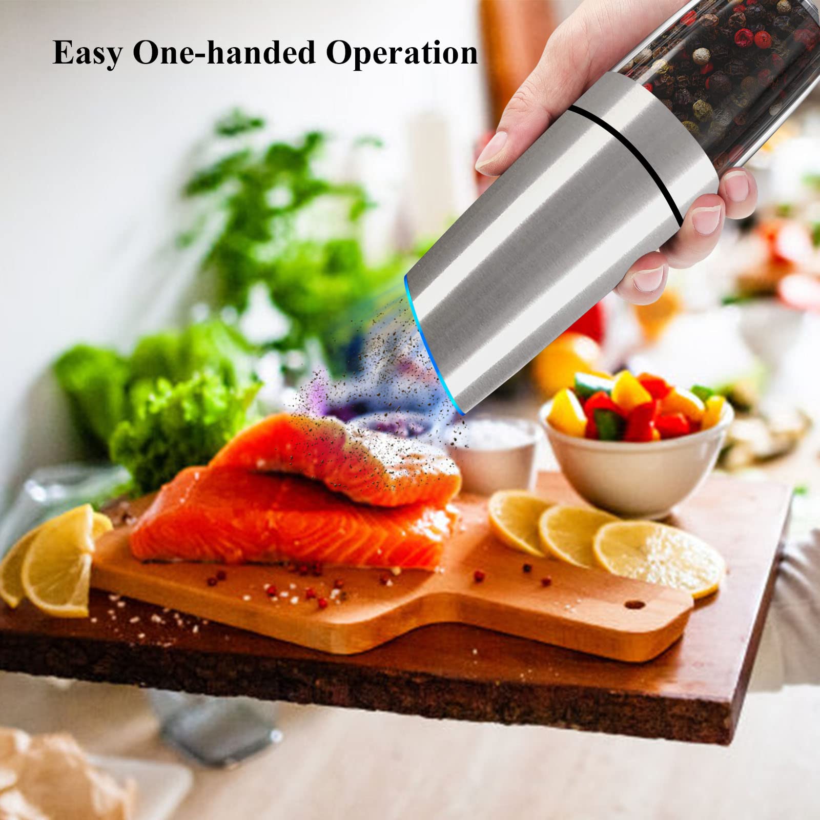 Premium Gravity Electric Salt and Pepper Grinder Set - Adjustable Coarseness, Battery Operated Automatic Spice Mills with LED Light for Easy One-Handed Operation (2-Piece Set) - Perfect for Kitchen, Dining Table, Camping & Gifting