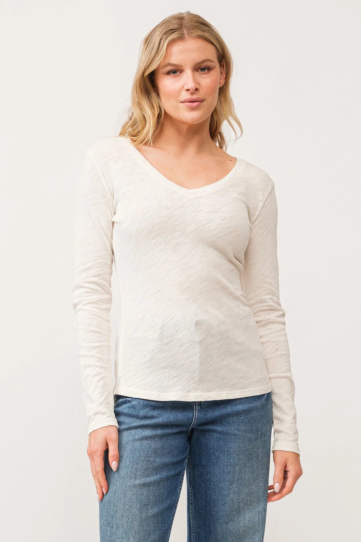 Alina V Neck Long Sleeve T-Shirt for Women - Soft Cotton Casual Top in Antique White | Perfect for Everyday Wear, Office & Date Night Outfits