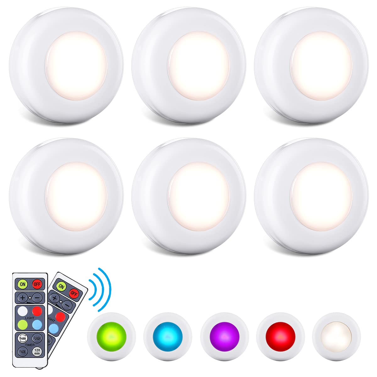 Wireless LED Puck Lights with Remote - 6 Pack Under Cabinet Lighting, Color Changing, Battery Operated, Timer Function for Kitchen, Closet & Counter | Stick-On Installation & Dimmable Ambient Lighting
