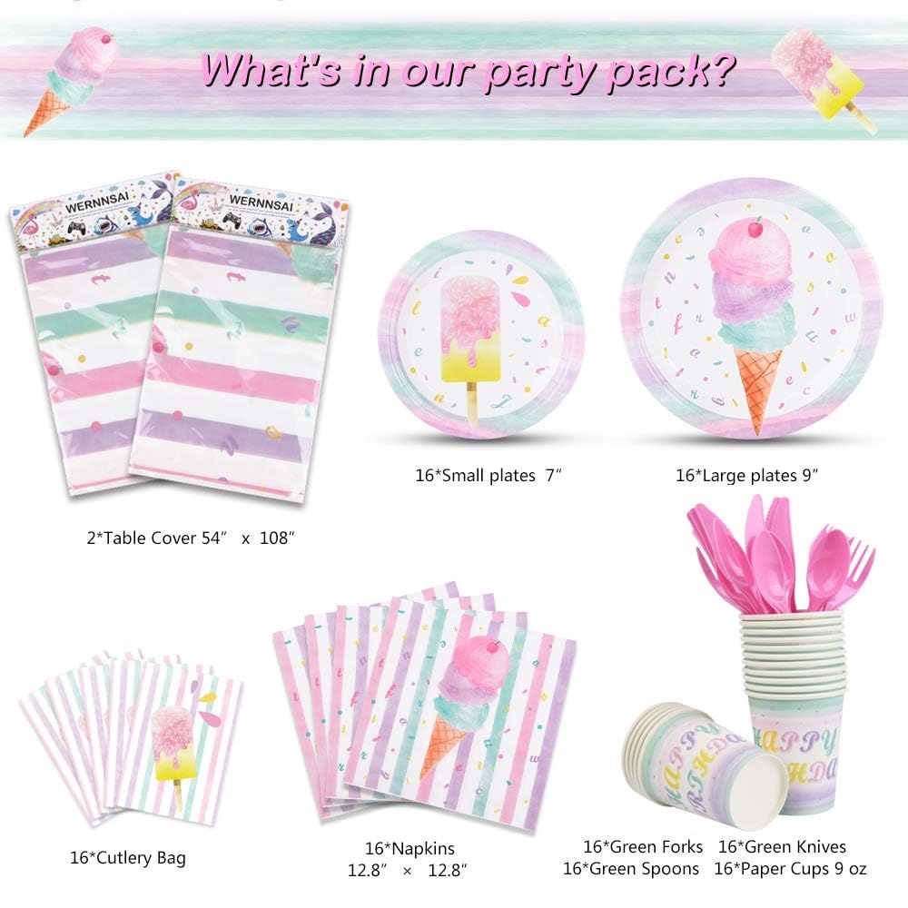 130PCS Ice Cream Party Supplies Set - Disposable Tableware for Kids Birthday, Baby Shower & Summer Parties (Includes Tablecloth, Plates, Cups, Napkins, Cutlery & Bags) - Serves 16 Guests - Perfect for Outdoor Picnics & Birthday Celebrations